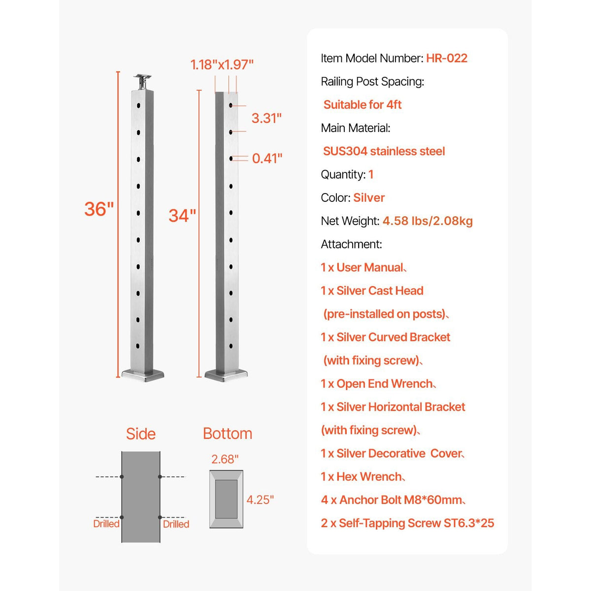 Cable Railing Post, 36x1x2 Inch Level Deck Stair Posts, 1-Pack Stainless Steel Cable Handrail Post, Pre-Drilled Pickets with Mounting Bracket Stair Railing Kit, Silver, 1JZLGZXYS914I4BDB001V0