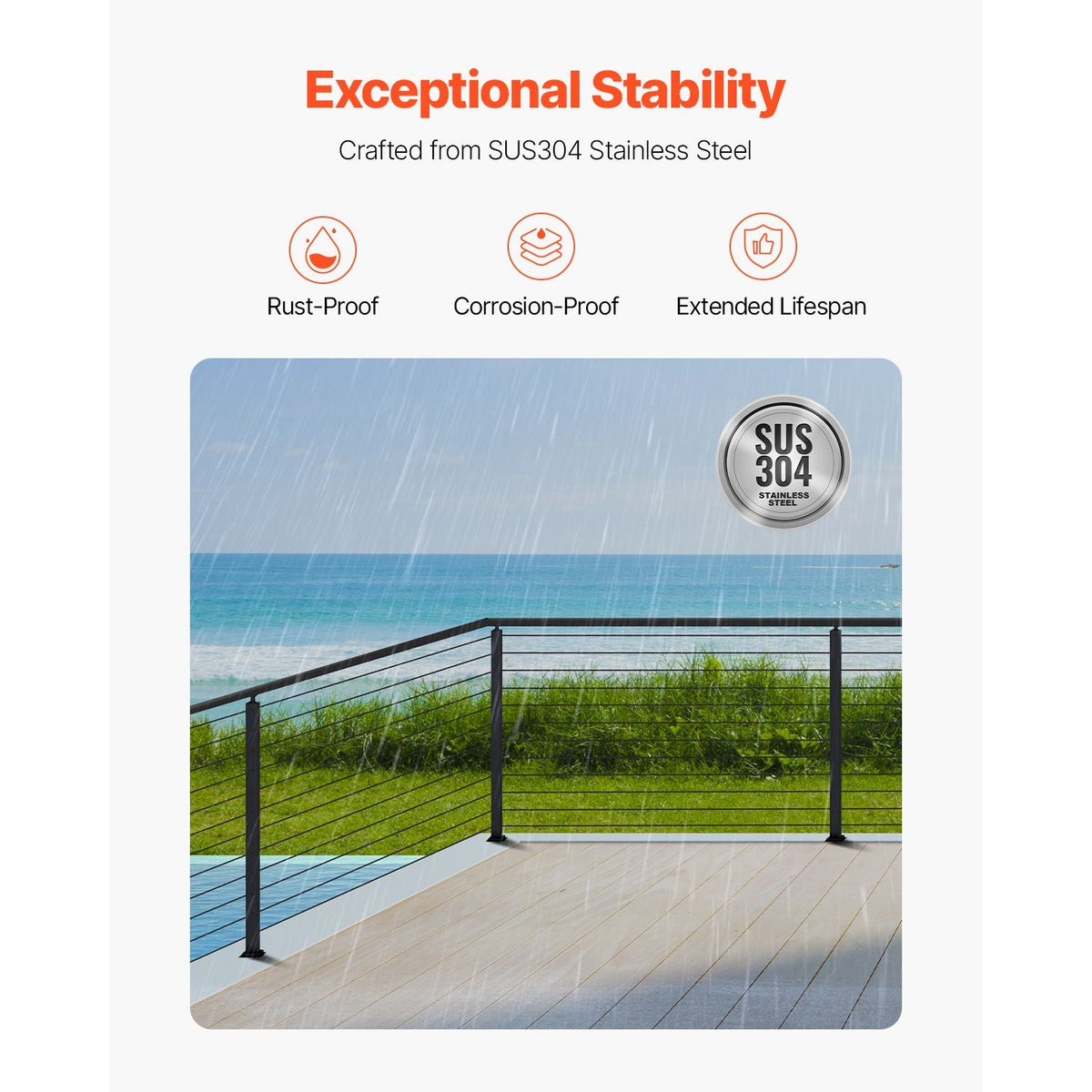 Cable Railing Post, 42x1x2 Inch Corner Railing Post, with L-Shaped Pre-Drilled Holes, Stainless Steel Cable Rail Post with Horizontal and Curved Bracket, 1-Pack, Black, 1JZLGZXHS10607YXO001V0