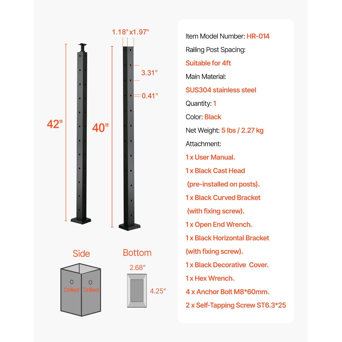 Cable Railing Post, 42x1x2 Inch Corner Railing Post, with L-Shaped Pre-Drilled Holes, Stainless Steel Cable Rail Post with Horizontal and Curved Bracket, 1-Pack, Black, 1JZLGZXHS10607YXO001V0