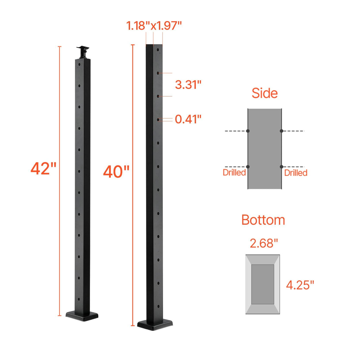Cable Railing Post, 42x1x2 Inch Level Deck Stair Posts, 1-Pack Stainless Steel Cable Handrail Post, Pre-Drilled Pickets with Mounting Bracket Stair Railing Kit, Black, 1JZLGZXHS1063GGTD001V0
