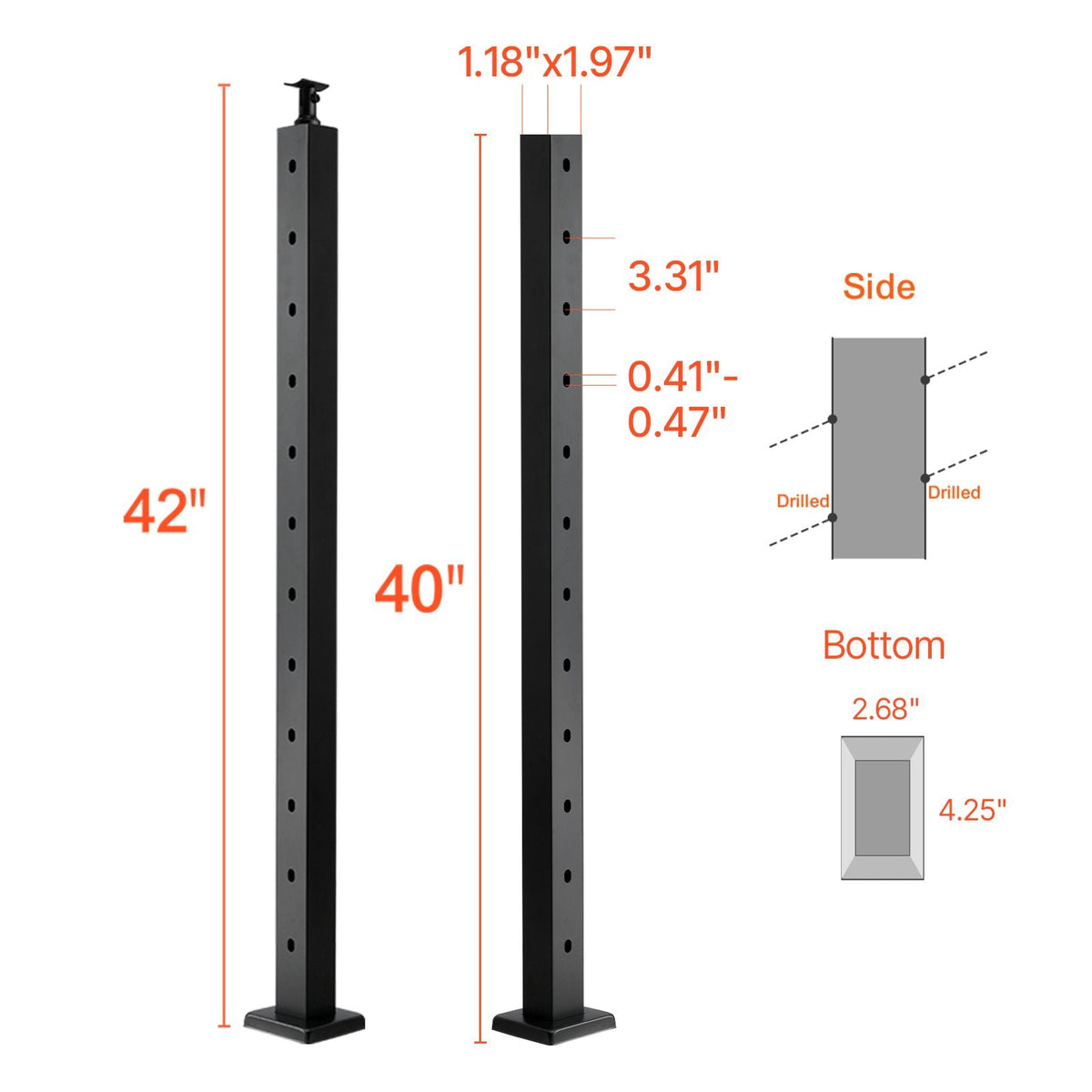 Cable Railing Post, 42x1x2 Inch Stair Railing Post, with Pre-Drilled 30° Angled Holes, Stainless Steel Cable Rail Post with Horizontal and Curved Bracket, 1-Pack, Black, 1JZLGZXHS106VRA3X001V0