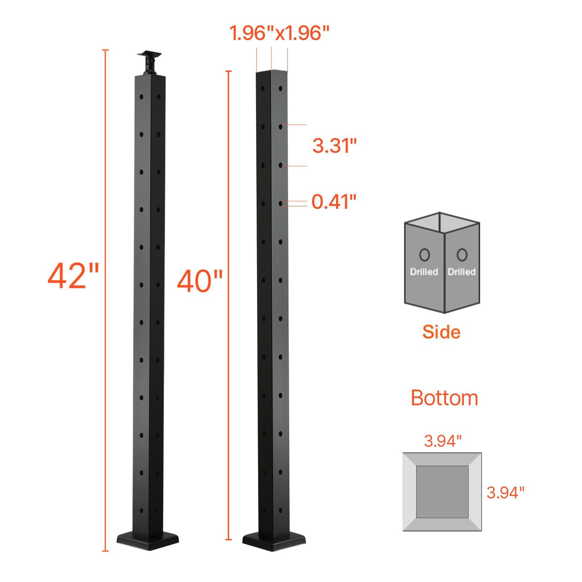 Cable Railing Post, 42x2x2 Inch Corner Railing Post, with L-Shaped Pre-Drilled Holes, Stainless Steel Cable Rail Post with Horizontal and Curved Bracket, 1-Pack, Black, 1JZLGZXHS1065S1EW001V0