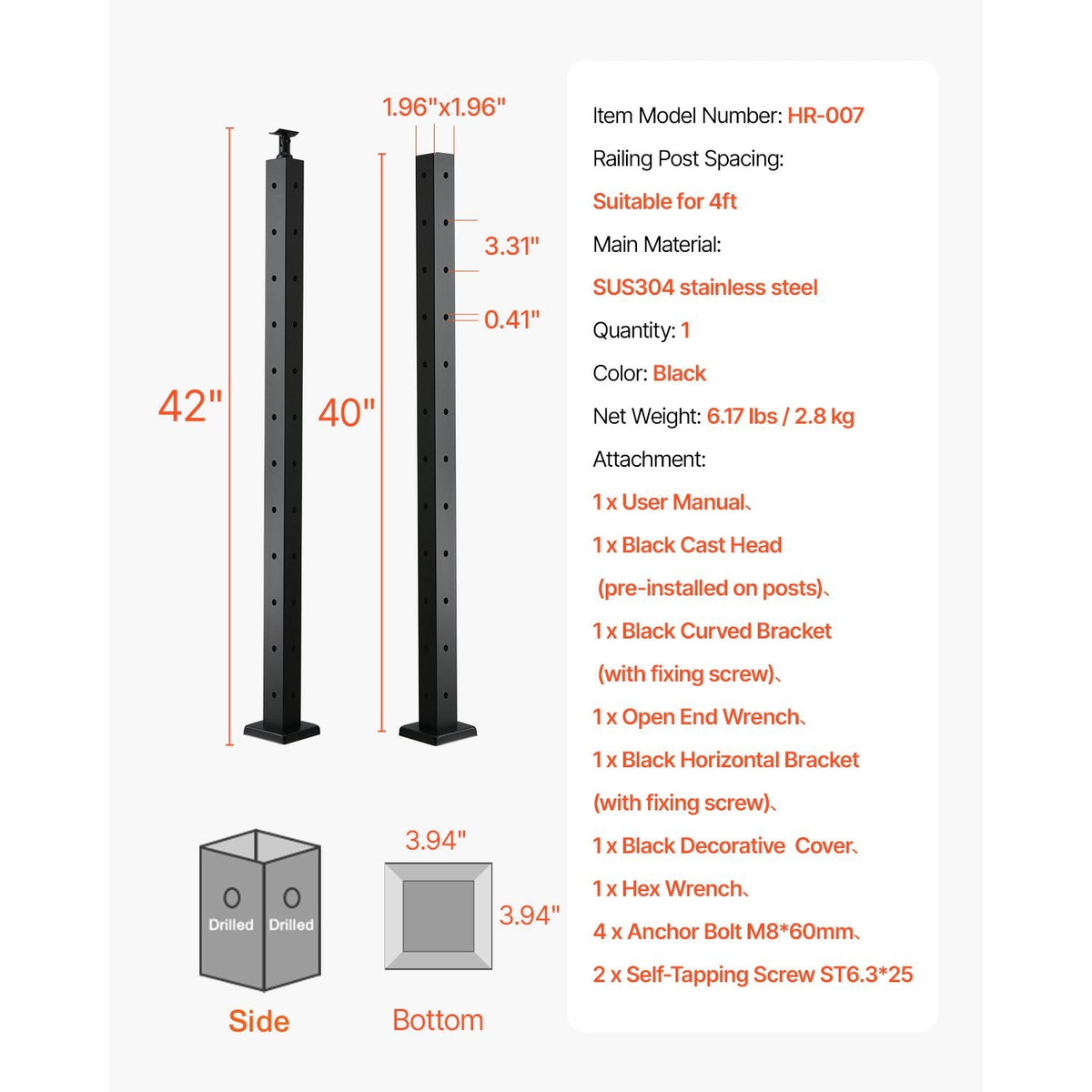 Cable Railing Post, 42x2x2 Inch Corner Railing Post, with L-Shaped Pre-Drilled Holes, Stainless Steel Cable Rail Post with Horizontal and Curved Bracket, 1-Pack, Black, 1JZLGZXHS1065S1EW001V0