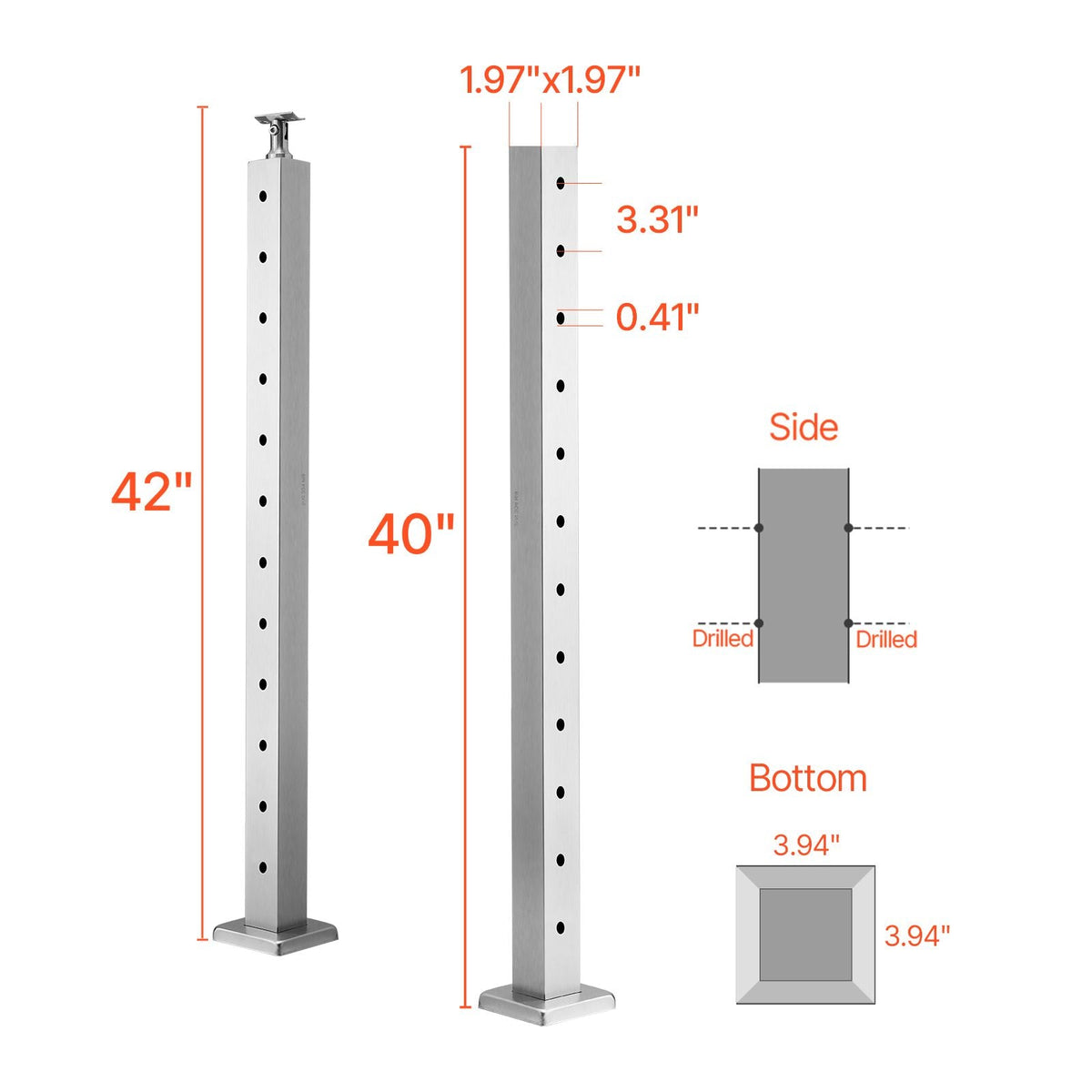 Cable Railing Post, 42x2x2 Inch Level Deck Stair Posts, 1-Pack Stainless Steel Cable Handrail Post, Pre-Drilled Pickets with Mounting Bracket Stair Railing Kit, Silver, 1JZLGZXYS1061EF8W001V0