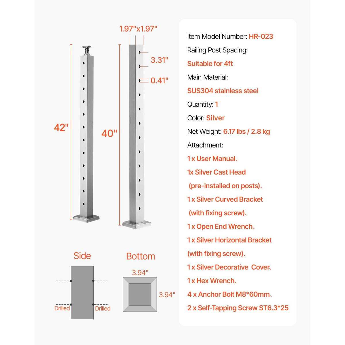 Cable Railing Post, 42x2x2 Inch Level Deck Stair Posts, 1-Pack Stainless Steel Cable Handrail Post, Pre-Drilled Pickets with Mounting Bracket Stair Railing Kit, Silver, 1JZLGZXYS1061EF8W001V0