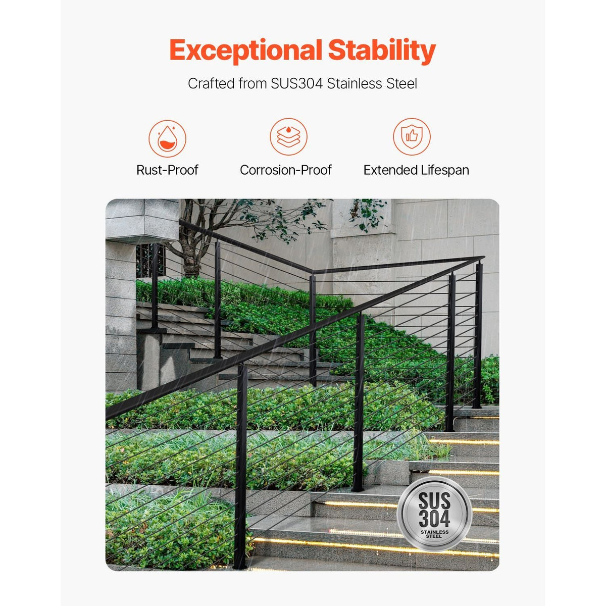Cable Railing Post, 42x2x2 Inch Stair Railing Post, with Pre-Drilled 30° Angled Holes, Stainless Steel Cable Rail Post with Horizontal and Curved Bracket, 1-Pack, Black, 1JZLGZXHS106W3XAA001V0
