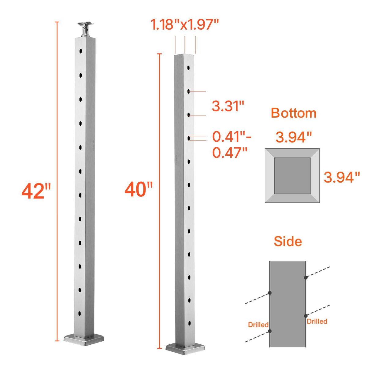 Cable Railing Post, 42x2x2 Inch Stair Railing Post, with Pre-Drilled 30° Angled Holes, Stainless Steel Cable Rail Post with Horizontal and Curved Bracket, 1-Pack, Silver, 1JZLGZXYS1062TLWC001V0