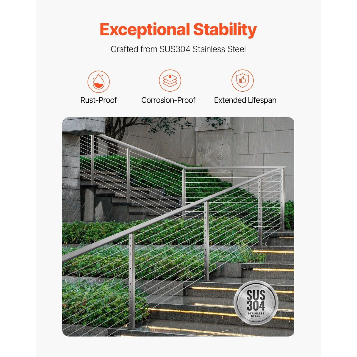 Cable Railing Post, 42x2x2 Inch Stair Railing Post, with Pre-Drilled 30° Angled Holes, Stainless Steel Cable Rail Post with Horizontal and Curved Bracket, 1-Pack, Silver, 1JZLGZXYS1062TLWC001V0