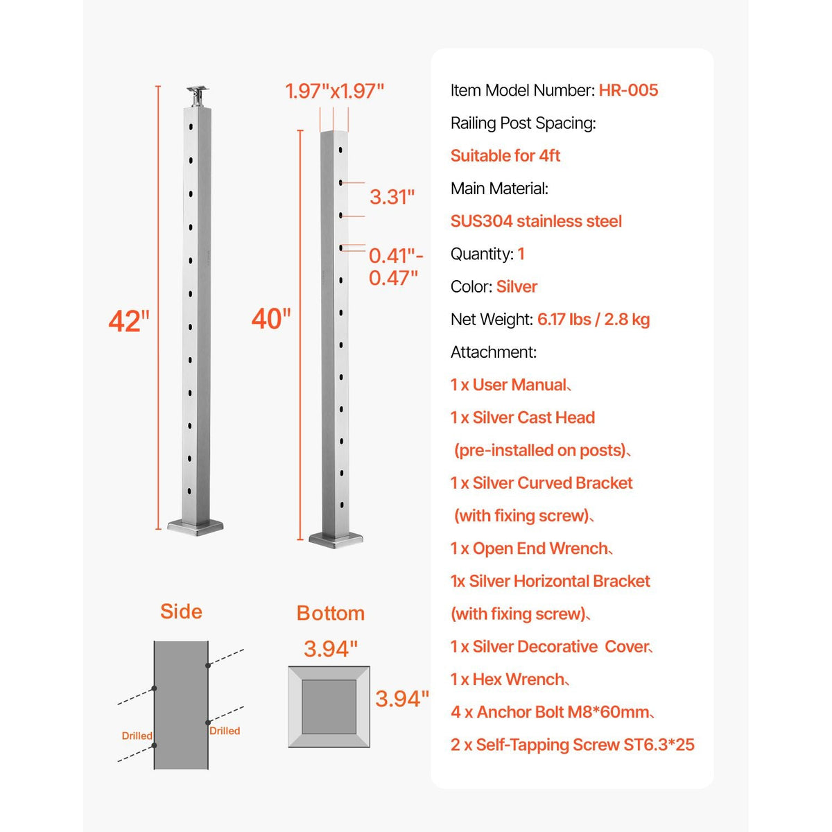 Cable Railing Post, 42x2x2 Inch Stair Railing Post, with Pre-Drilled 30° Angled Holes, Stainless Steel Cable Rail Post with Horizontal and Curved Bracket, 1-Pack, Silver, 1JZLGZXYS1062TLWC001V0
