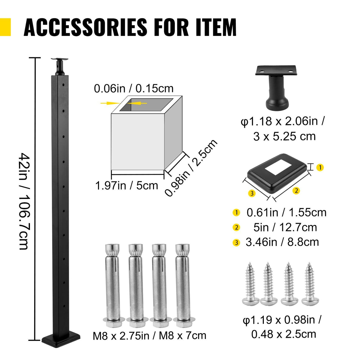 Cable Railing Post Level Deck Stair Post 106.7 x 2.5 x 5 cm Cable Handrail Post Stainless Steel Brushed Finishing Deck Railing Pre-Drilled Pickets with Mounting Bracket LGZH106.72.55CQ93V0