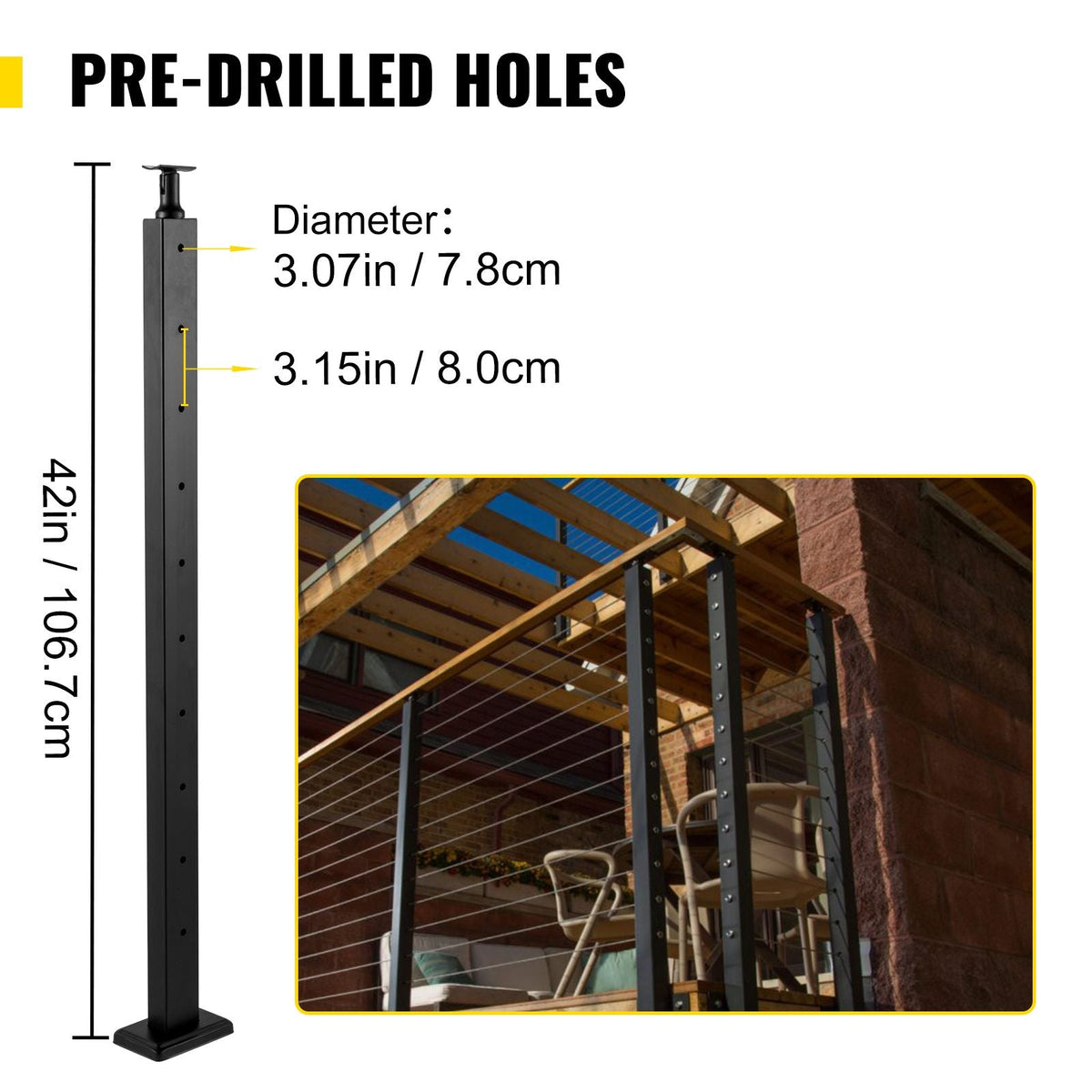 Cable Railing Post Level Deck Stair Post 106.7 x 2.5 x 5 cm Cable Handrail Post Stainless Steel Brushed Finishing Deck Railing Pre-Drilled Pickets with Mounting Bracket LGZH106.72.55CQ93V0