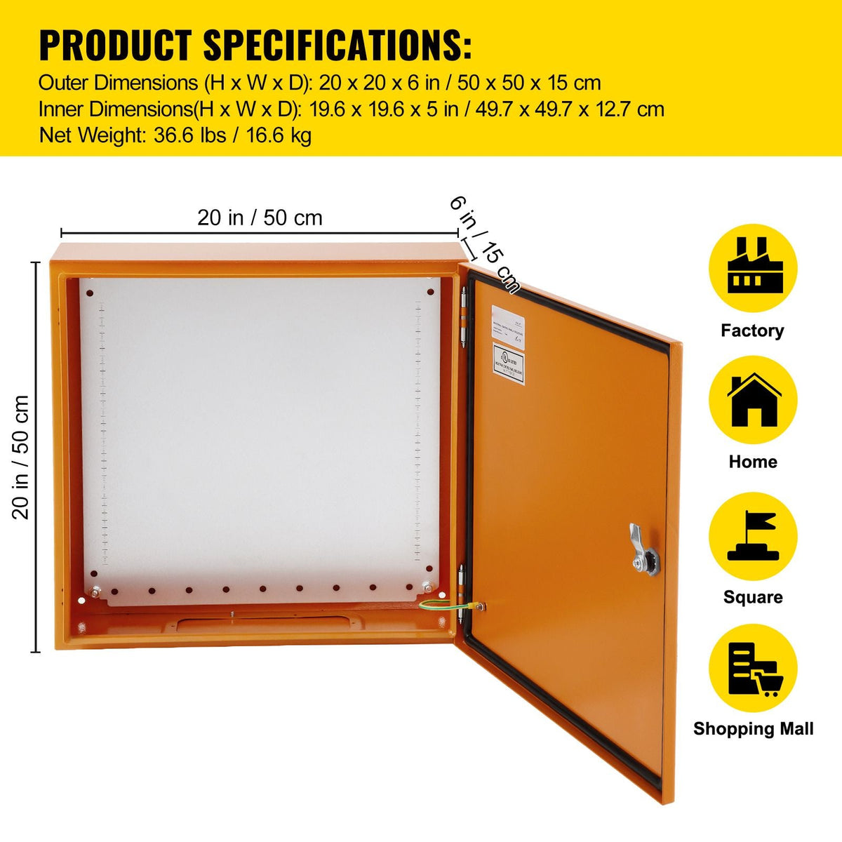 Caja eléctrica, 20.0 x 20.0 x 6.0 in, probada según los estándaresNEMA 4 para exteriores, IP65 impermeable y a prueba de polvo, caja de conexiones con bisagras de acero al carbono laminado e