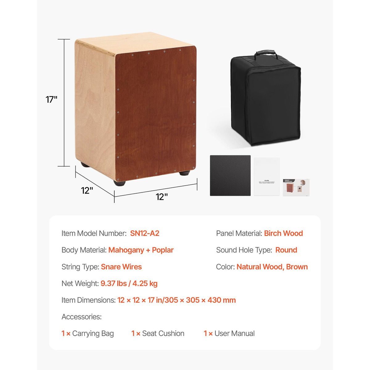 Cajon Box Drum Wooden Birchwood Percussion Instrument Snare Wires Travel Bag