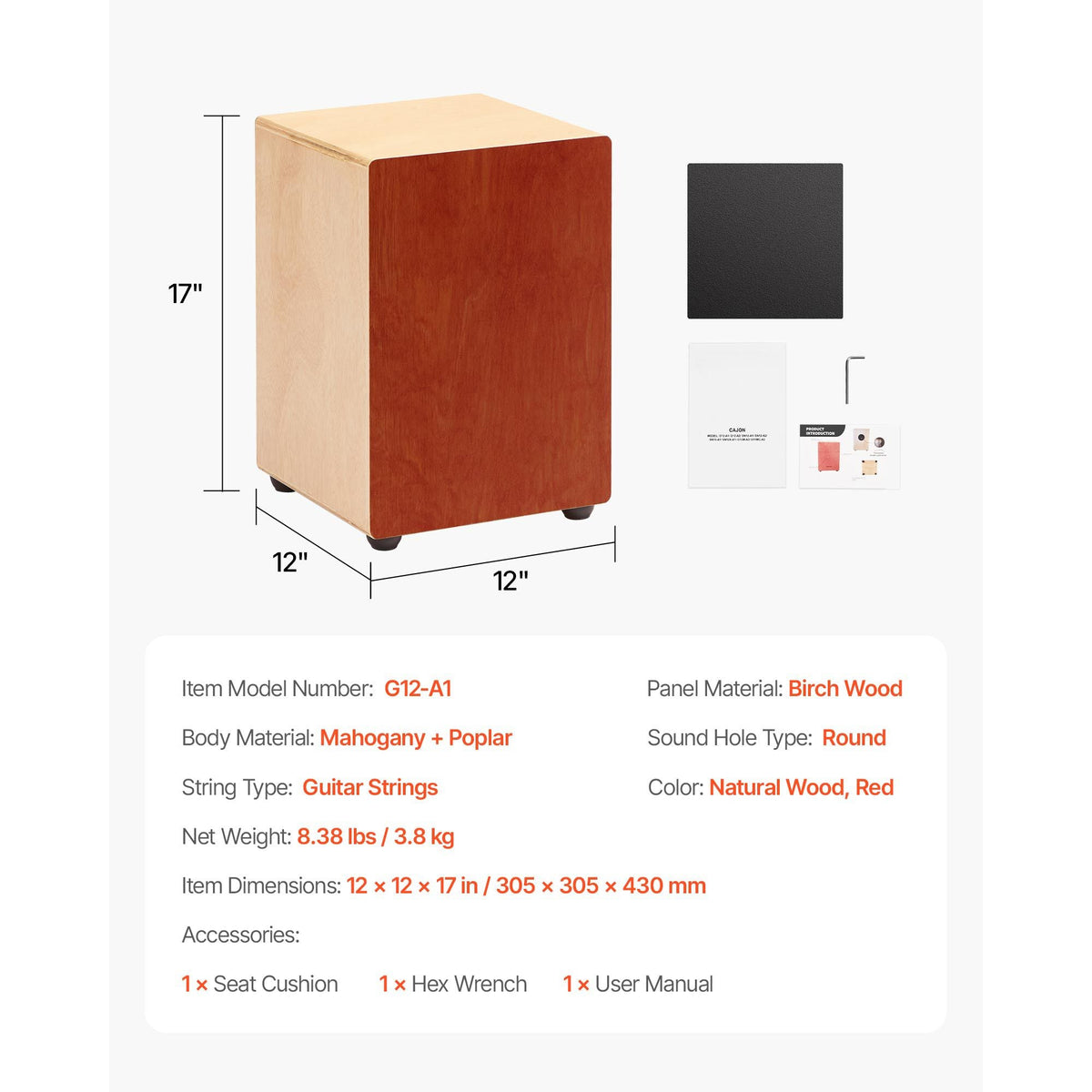 Cajon Box Drum Wooden Percussion Instrument Drum with Guitar Strings Birch Wood