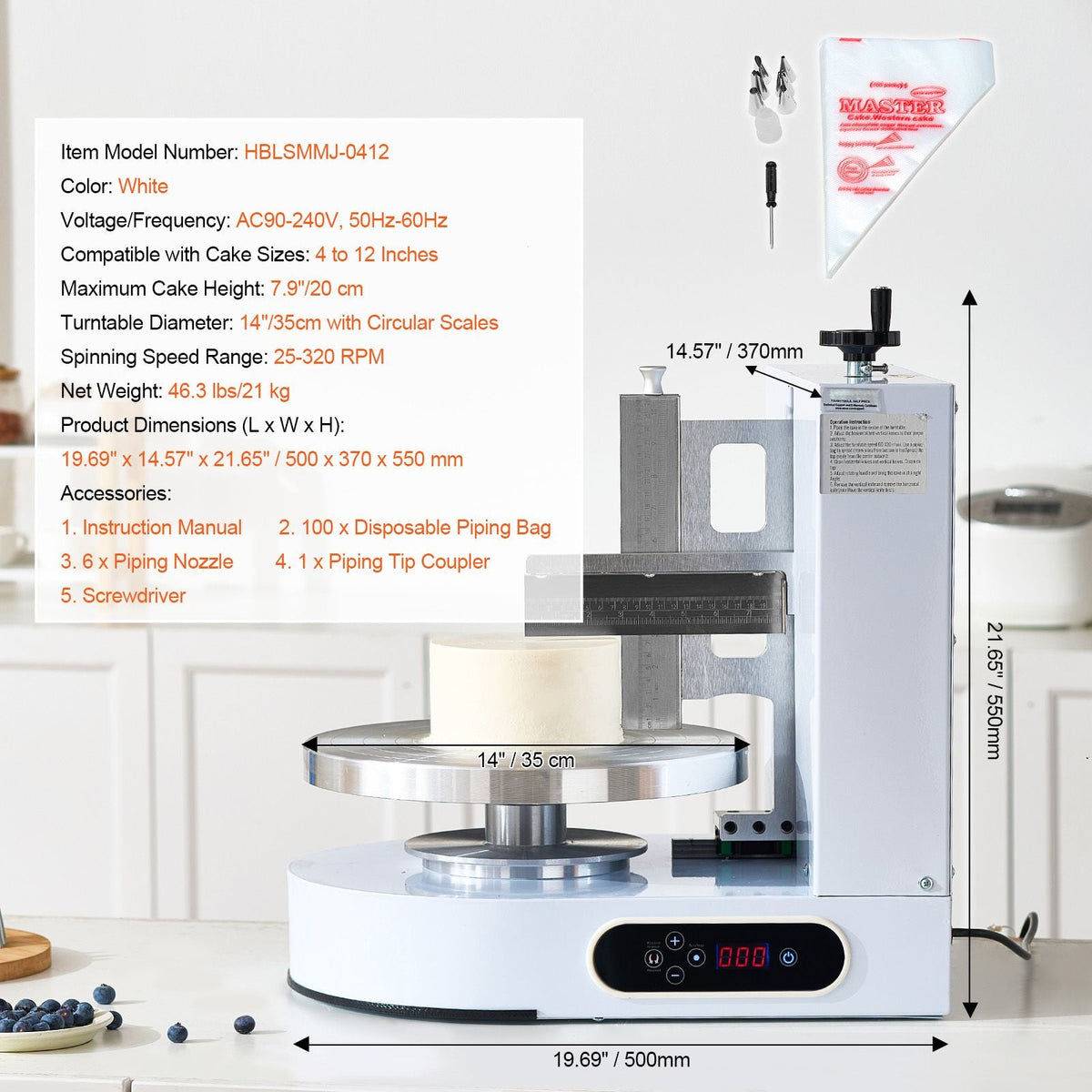Cake Decorating Machine, Cake Cream Spreading Coating Smearing Machine, Low Noise Cake Frosting Machine, Turntable with Adjustable Scraper, for 4" to 12" Cake, 25-320RPM Rotating Speed, White