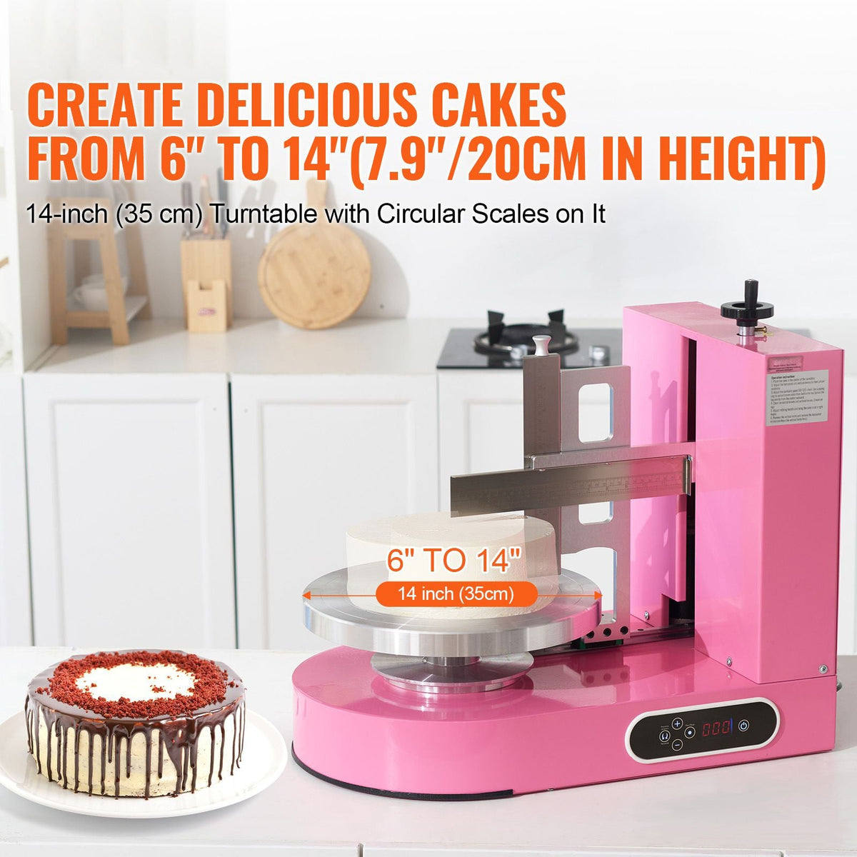 Cake Decorating Machine, Cake Cream Spreading Coating Smearing Machine, Low Noise Cake Frosting Machine, Turntable with Adjustable Scraper, for 6" to 14" Cake, 25-320RPM Rotating Speed, Pink