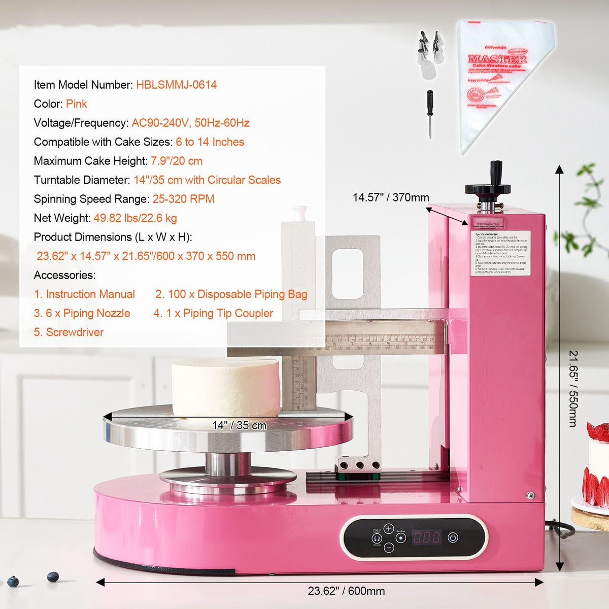 Cake Decorating Machine, Cake Cream Spreading Coating Smearing Machine, Low Noise Cake Frosting Machine, Turntable with Adjustable Scraper, for 6" to 14" Cake, 25-320RPM Rotating Speed, Pink