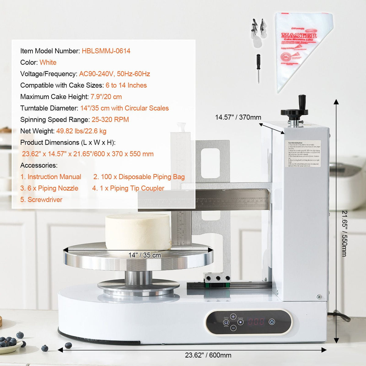 Cake Decorating Machine, Cake Cream Spreading Coating Smearing Machine, Low Noise Cake Frosting Machine, Turntable with Adjustable Scraper, for 6" to 14" Cake, 25-320RPM Rotating Speed, White
