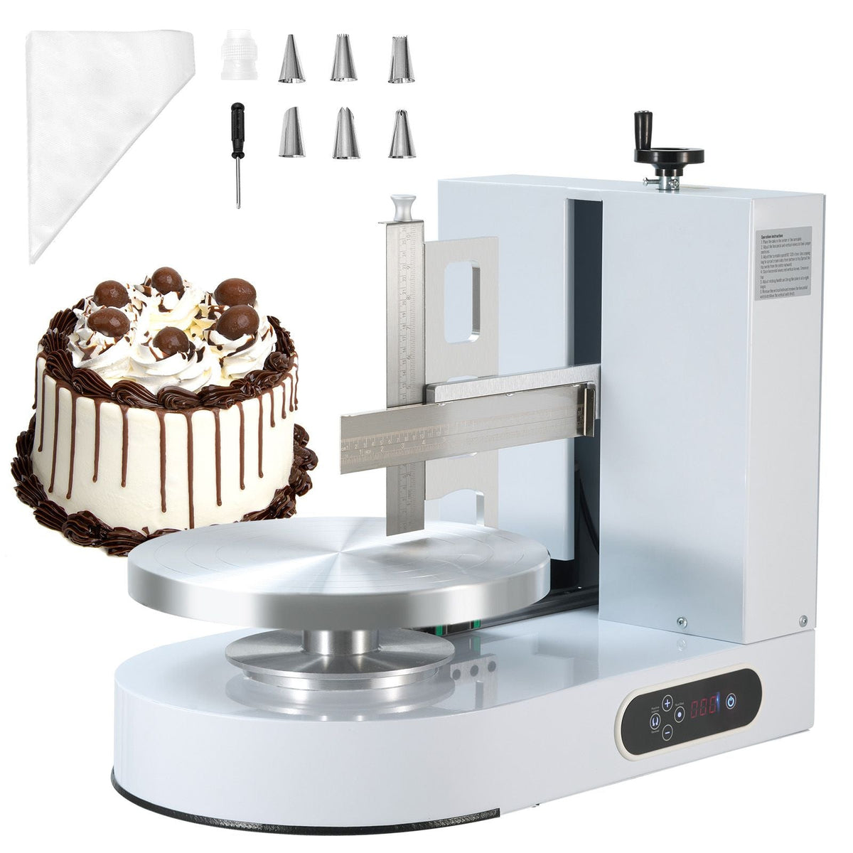 Cake Decorating Machine, Cake Cream Spreading Coating Smearing Machine, Low Noise Cake Frosting Machine, Turntable with Adjustable Scraper, for 6" to 14" Cake, 25-320RPM Rotating Speed, White