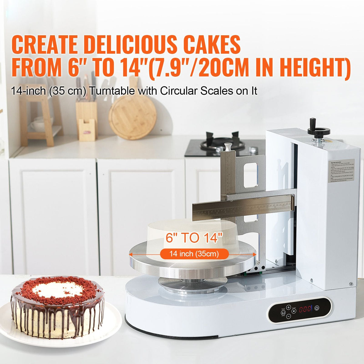 Cake Decorating Machine, Cake Cream Spreading Coating Smearing Machine, Low Noise Cake Frosting Machine, Turntable with Adjustable Scraper, for 6" to 14" Cake, 25-320RPM Rotating Speed, White