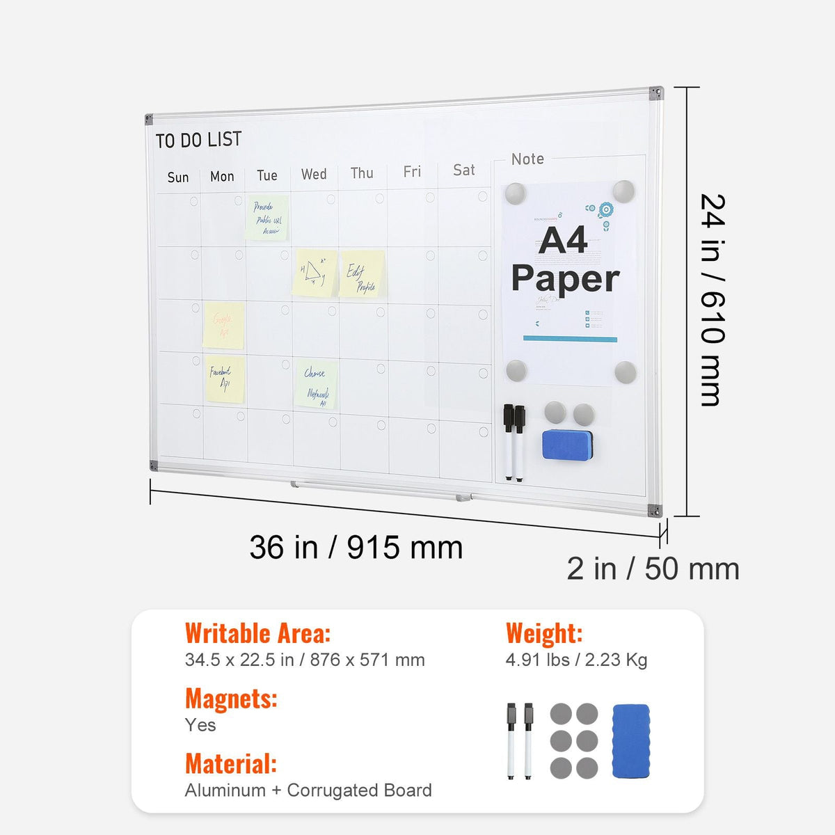 Calendar Whiteboard, 36 x 24 Inches Magnetic Dry Erase Calendar Board, Monthly Planner Whiteboard for Wall, 1 Magnetic Erase & 2 Dry Erase Marker & Movable Tray for Restaurant Office Home School
