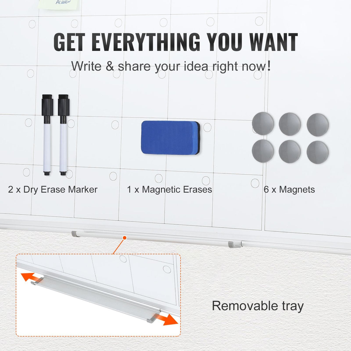 Calendar Whiteboard, 36 x 24 Inches Magnetic Dry Erase Calendar Board, Monthly Planner Whiteboard for Wall, 1 Magnetic Erase & 2 Dry Erase Marker & Movable Tray for Restaurant Office Home School