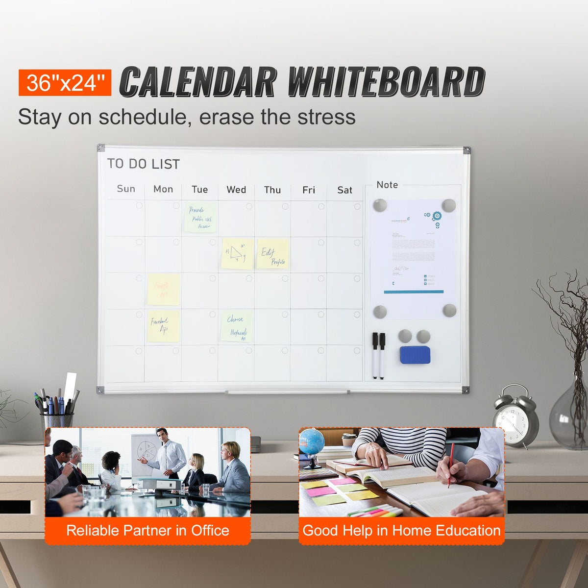Calendar Whiteboard, 36 x 24 Inches Magnetic Dry Erase Calendar Board, Monthly Planner Whiteboard for Wall, 1 Magnetic Erase & 2 Dry Erase Marker & Movable Tray for Restaurant Office Home School