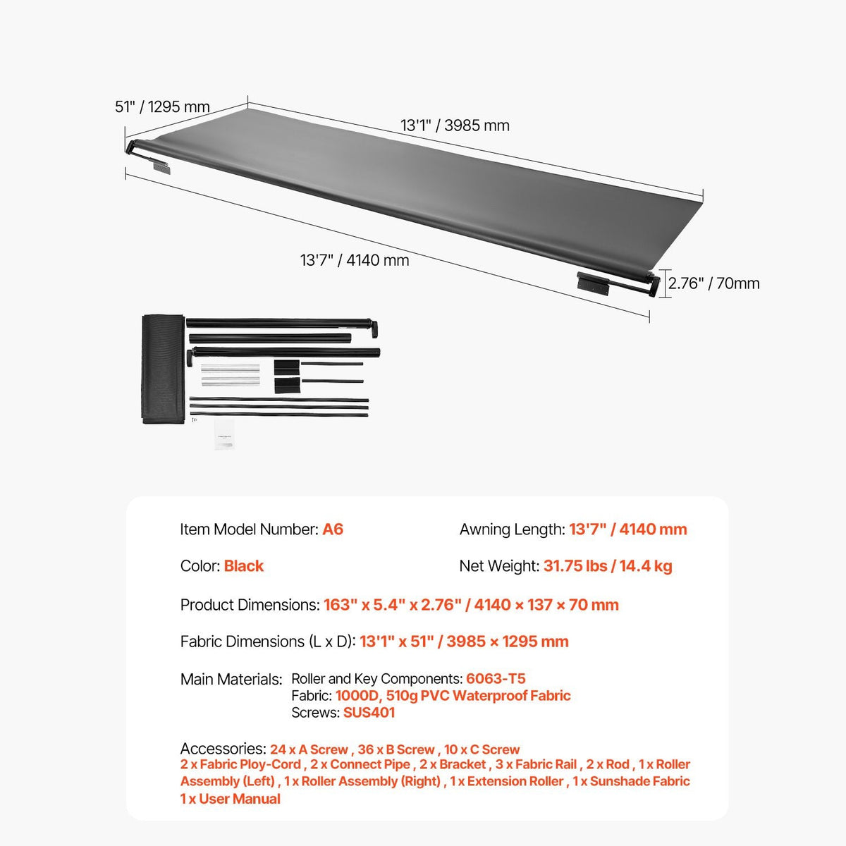 Camper Awning Fabric Replacement, 1" to 13', Weatherproof Durable Slide Topper Awning with Bracket, Heavy Duty Slide Topper Awning with Stainless Steel Material, Fit for RV & Motorhome(Black)