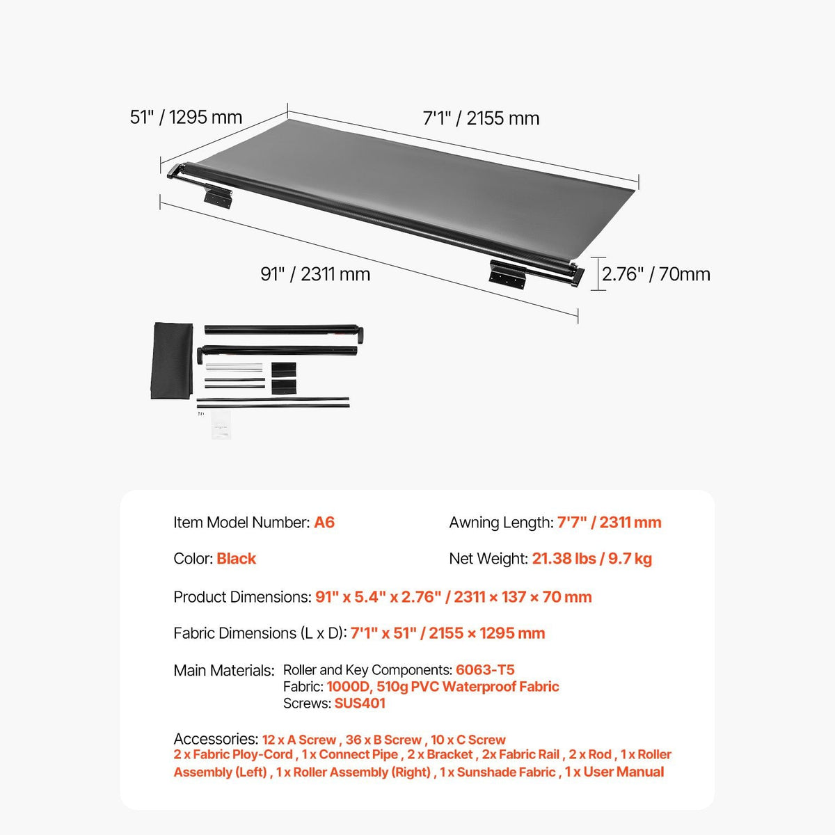 Camper Awning Fabric Replacement, 1" to 7', Weatherproof Durable Slide Topper Awning with Bracket, Heavy Duty Slide Topper Awning with Stainless Steel Material, Fit for RV & Motorhome(Black)