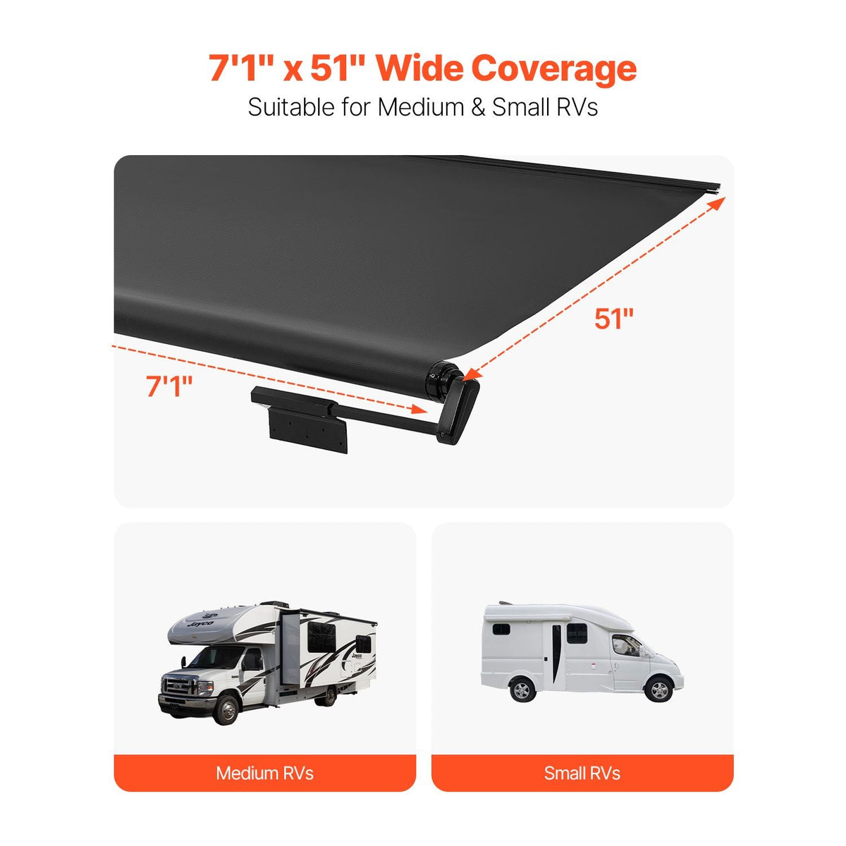 Camper Awning Fabric Replacement, 1" to 7', Weatherproof Durable Slide Topper Awning with Bracket, Heavy Duty Slide Topper Awning with Stainless Steel Material, Fit for RV & Motorhome(Black)