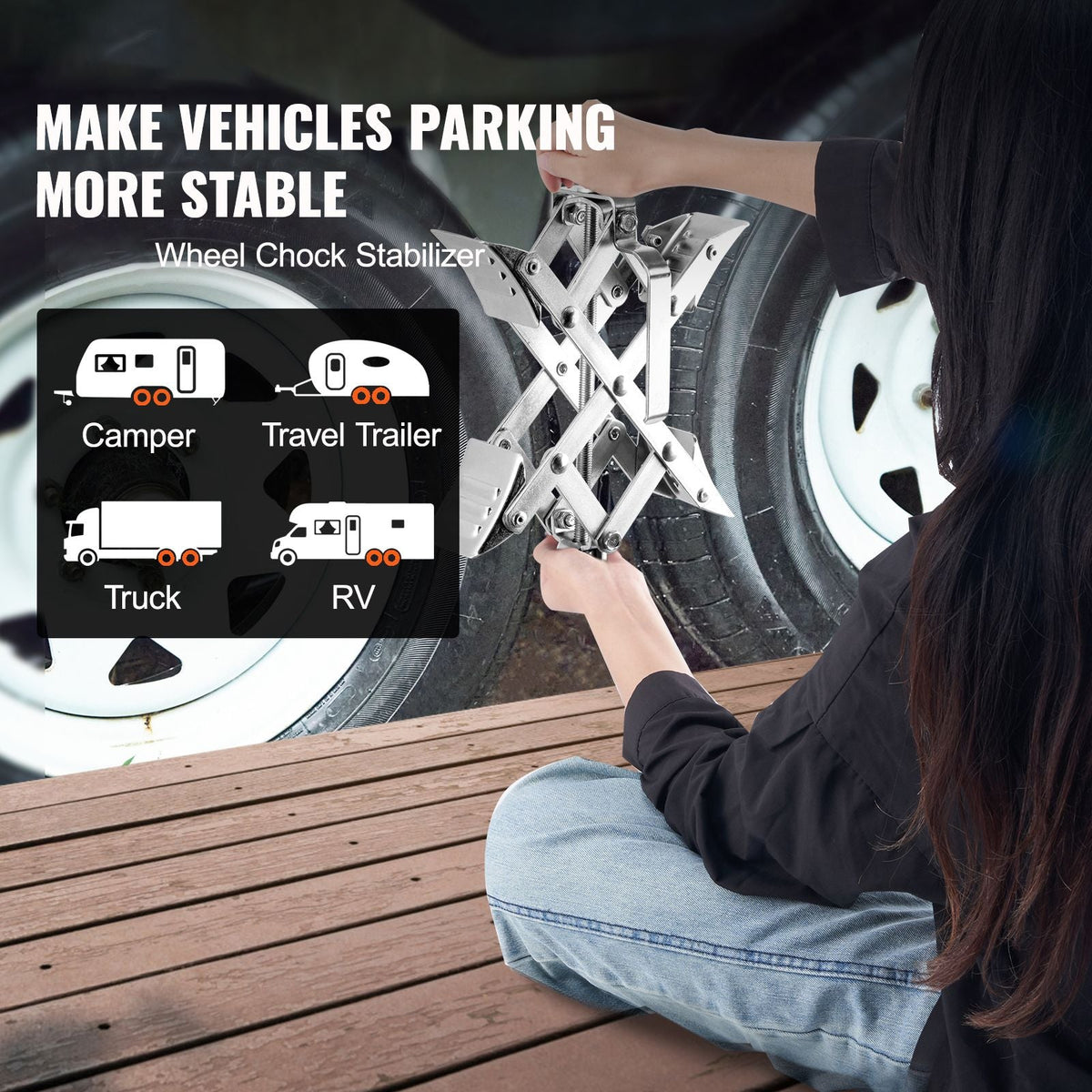 Camper Wheel Chock Stabilizer, X-shaped RV Stabilizer Wheel Chock, Fit for 1.5" to 10" Tire Space, 2 Sets of Wheel Chocks with Ratchet Wrench and Storage Bag for Campers Travel Trailers Trucks