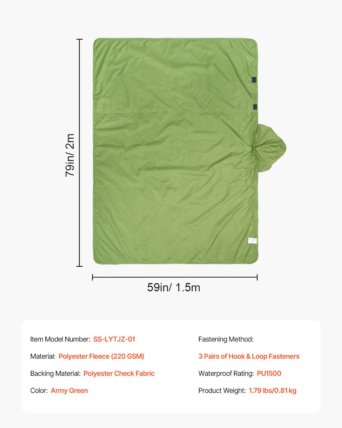 Camping Blanket, Large Warm Wearable Stadium Blanket, Waterproof & Windproof, Polyester Fleece, Flame Retardant, Great for Outdoors, Picnics, Hiking, Sports Events, Travel, 79" x 59", Army Green