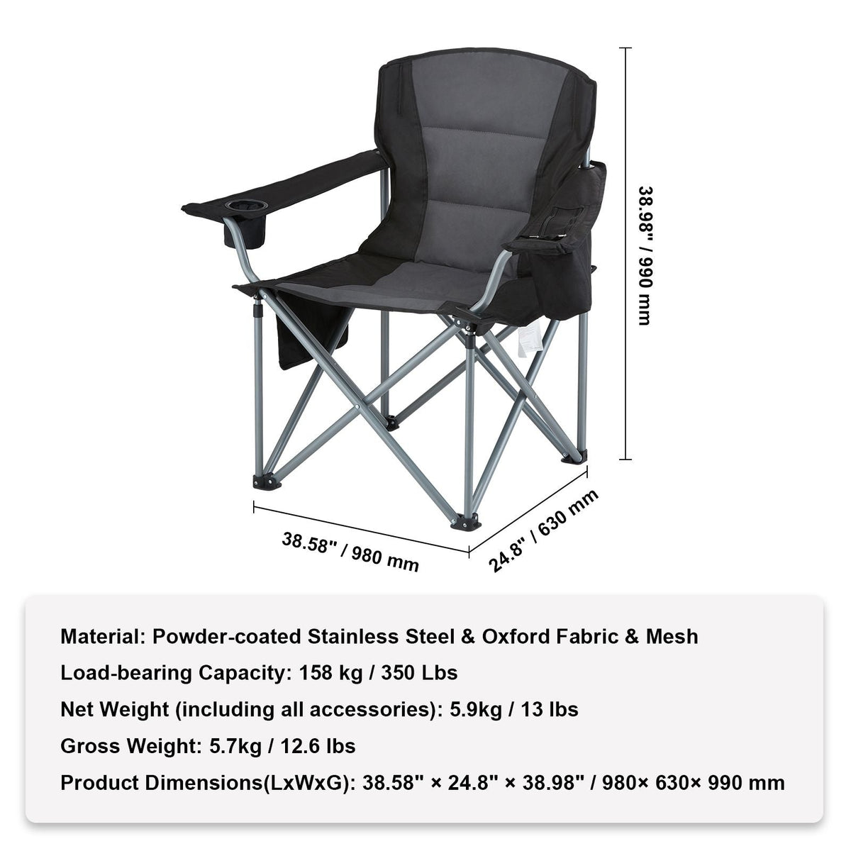 Camping Folding Chair for Adults, Portable Heavy Duty Outdoor Quad Lumbar Back Padded Arm Chairs with Side Pockets, Cup Holder and Cooler Bag for Beach, Lawn, Picnic, Fishing, Backpacking, Black