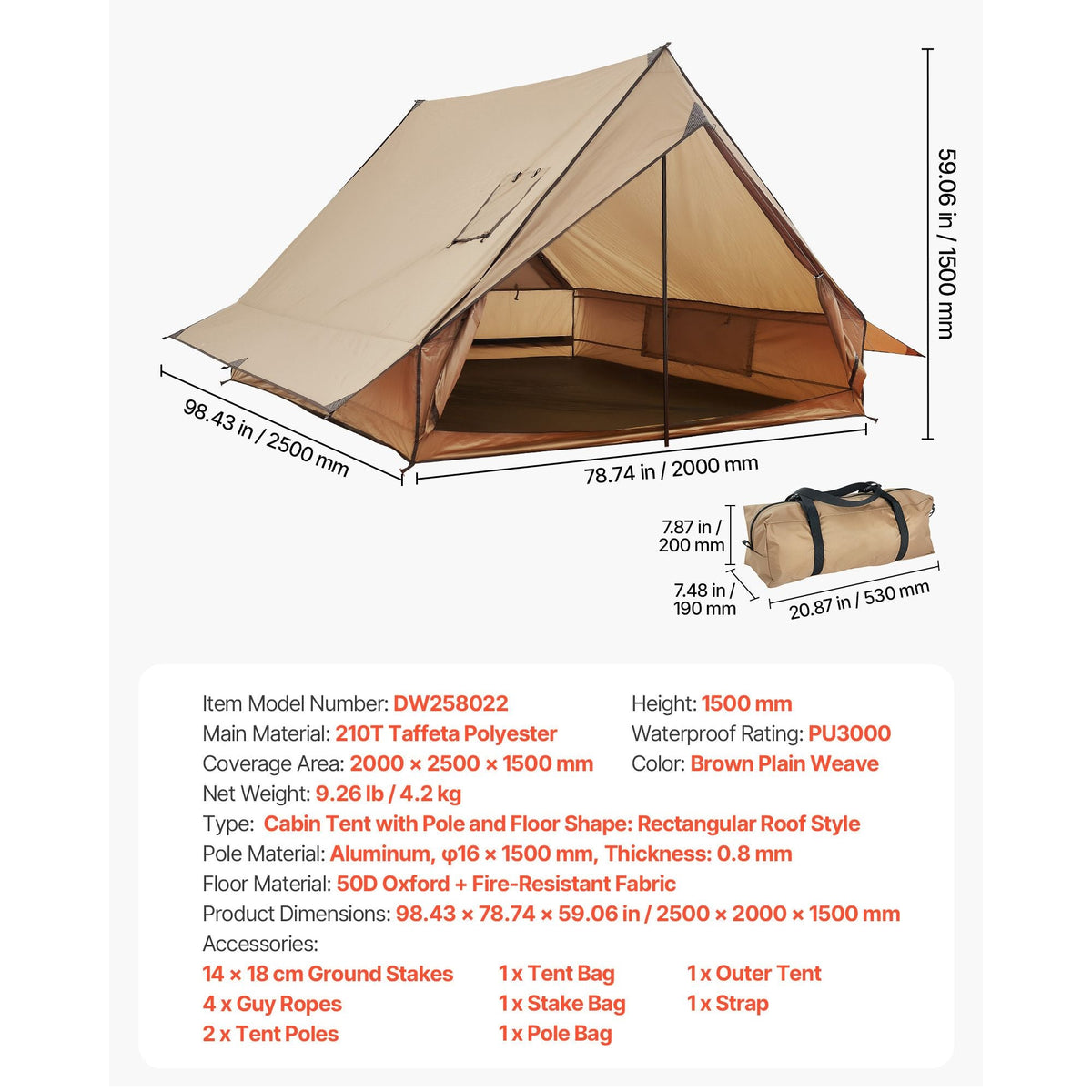 Camping Hot Tent, 2 Persons Cabin Tent with Stove Jack & Poles, Waterproof Winter Tents Shelters with Fireproof Ground Mat, Portable 4 Season Tents for Hiking Fishing Hunting Backpacking