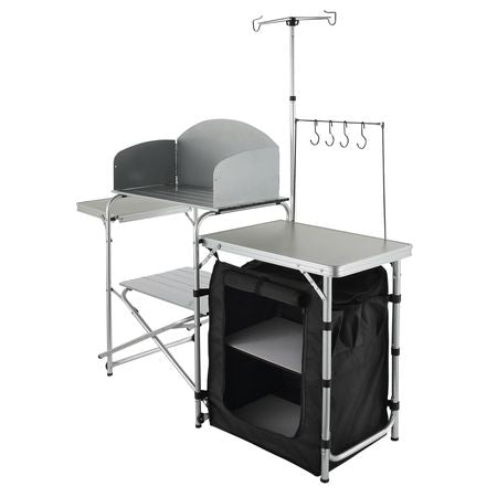 Camping Kitchen Table, Folding Outdoor Cooking Table with Storage Carrying Bag, Aluminum Cook Station 1 Cupboard & Detachable Windscreen, Quick Set-up for Picnics, BBQ, RV Traveling, Black