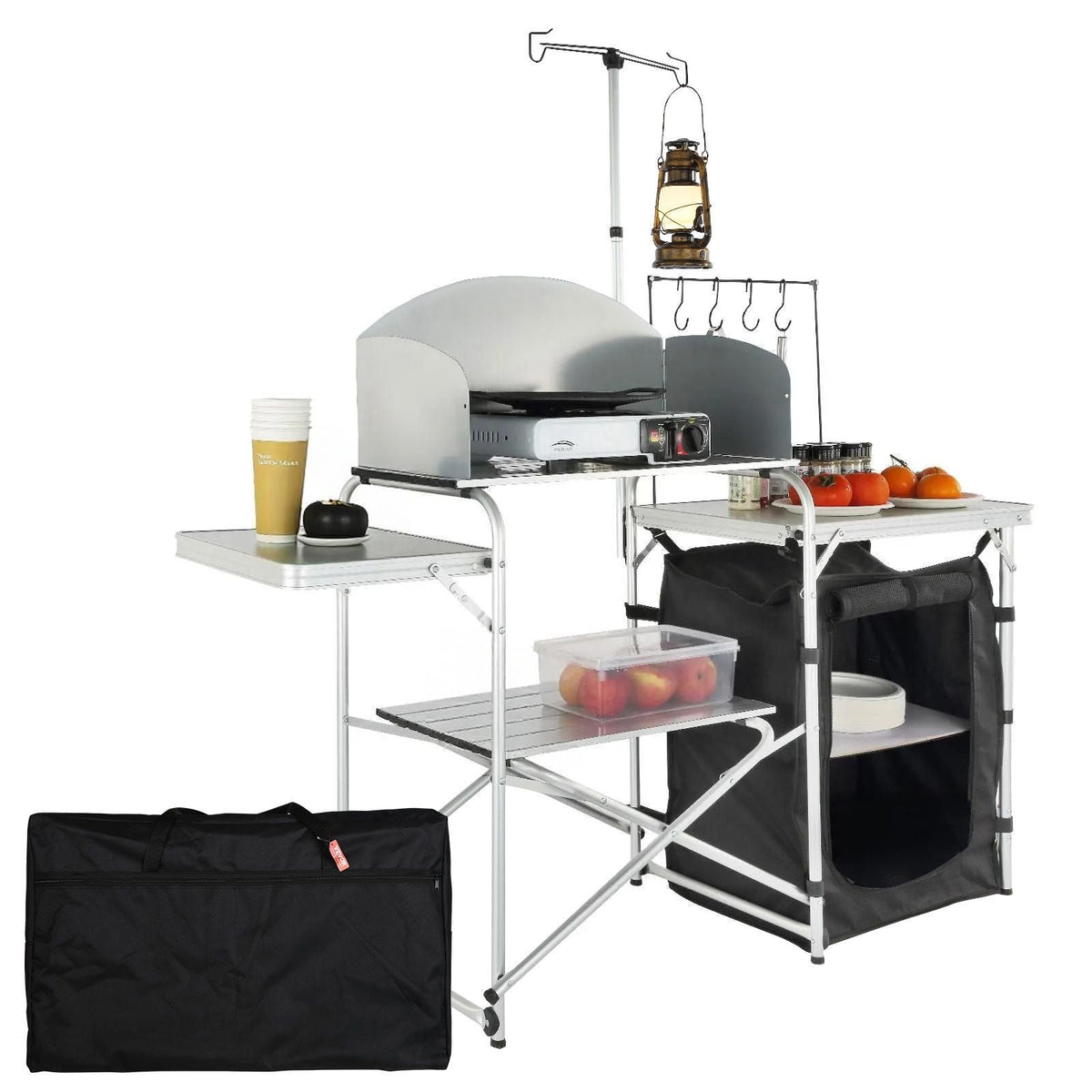 Camping Kitchen Table, Folding Outdoor Cooking Table with Storage Carrying Bag, Aluminum Cook Station 1 Cupboard & Detachable Windscreen, Quick Set-up for Picnics, BBQ, RV Traveling, Black