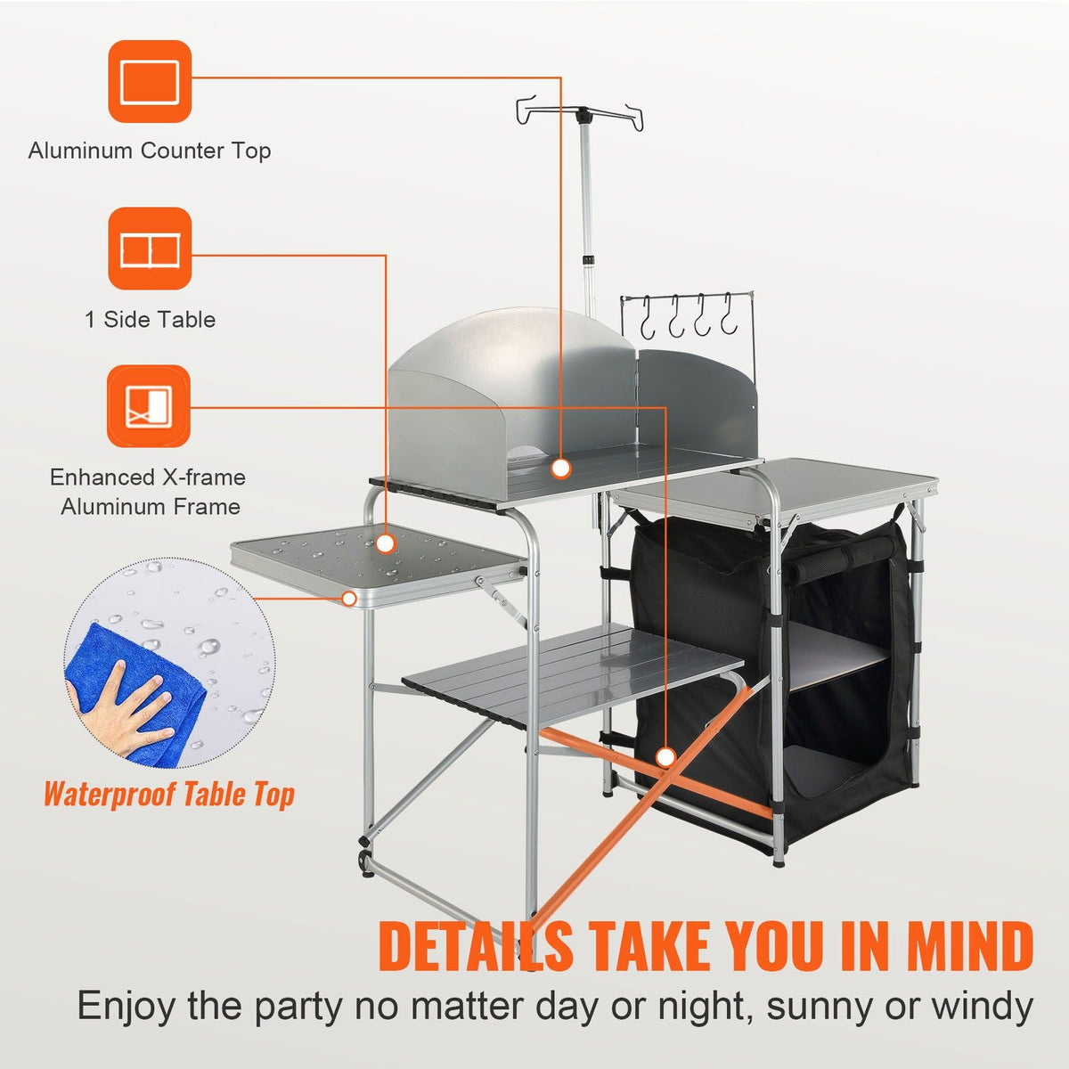 Camping Kitchen Table, Folding Outdoor Cooking Table with Storage Carrying Bag, Aluminum Cook Station 1 Cupboard & Detachable Windscreen, Quick Set-up for Picnics, BBQ, RV Traveling, Black