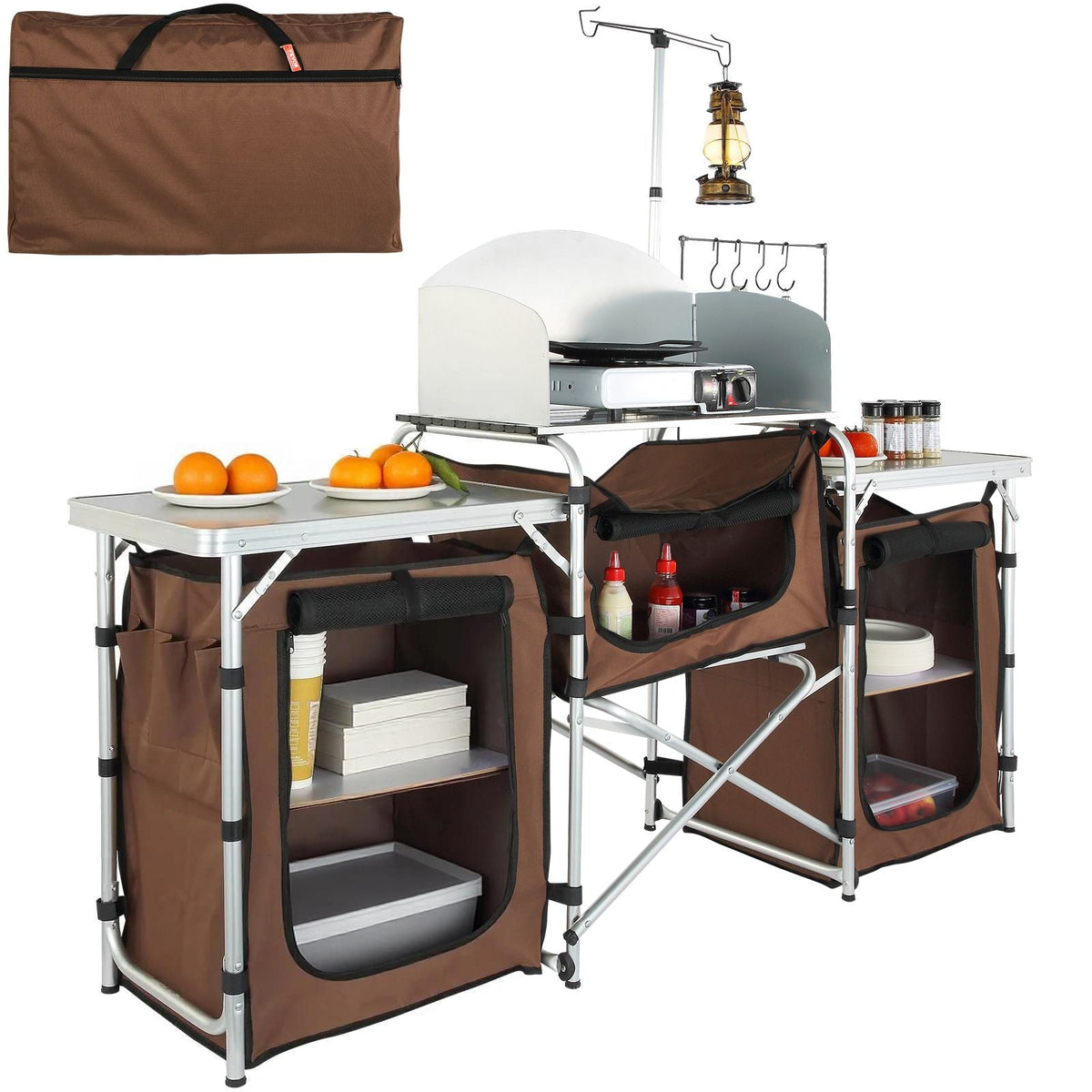 Camping Kitchen Table, Folding Outdoor Cooking Table with Storage Carrying Bag, Aluminum Cook Station 3 Cupboard & Detachable Windscreen, Quick Set-up for Picnics, BBQ, RV Traveling, Brown