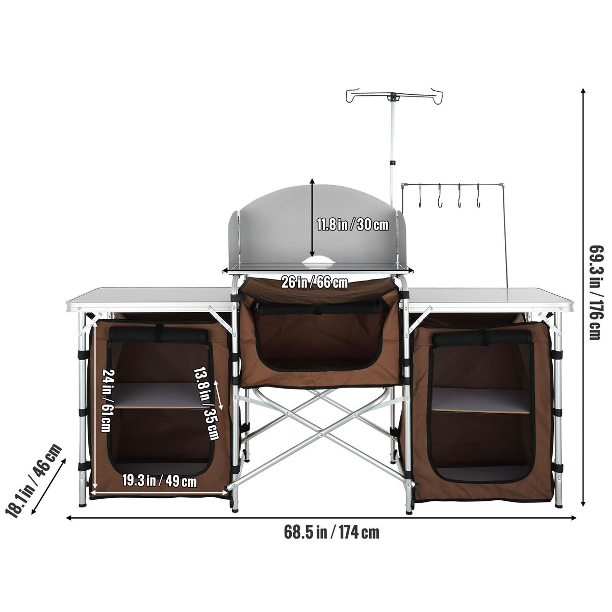 Camping Kitchen Table, Folding Outdoor Cooking Table with Storage Carrying Bag, Aluminum Cook Station 3 Cupboard & Detachable Windscreen, Quick Set-up for Picnics, BBQ, RV Traveling, Brown