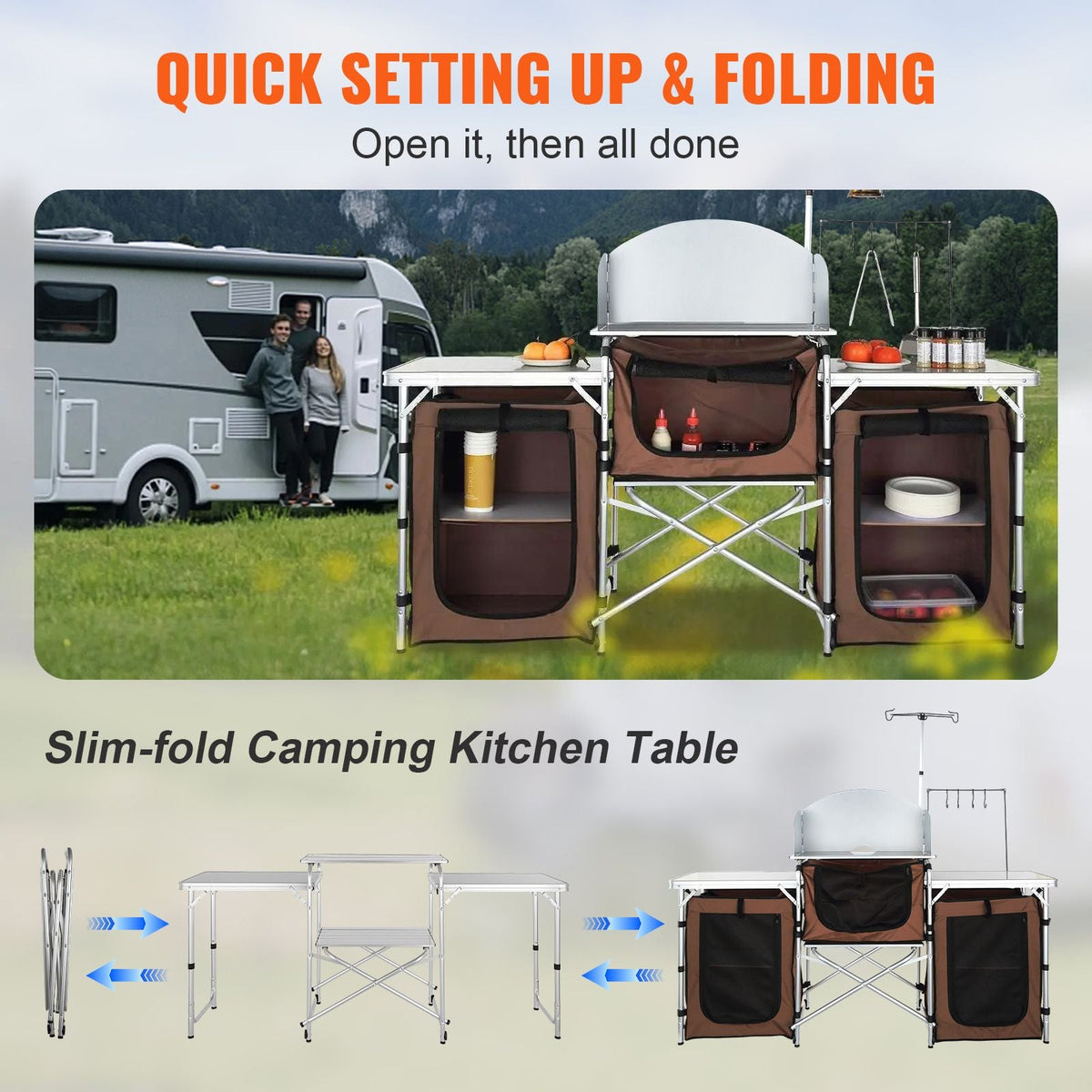 Camping Kitchen Table, Folding Outdoor Cooking Table with Storage Carrying Bag, Aluminum Cook Station 3 Cupboard & Detachable Windscreen, Quick Set-up for Picnics, BBQ, RV Traveling, Brown