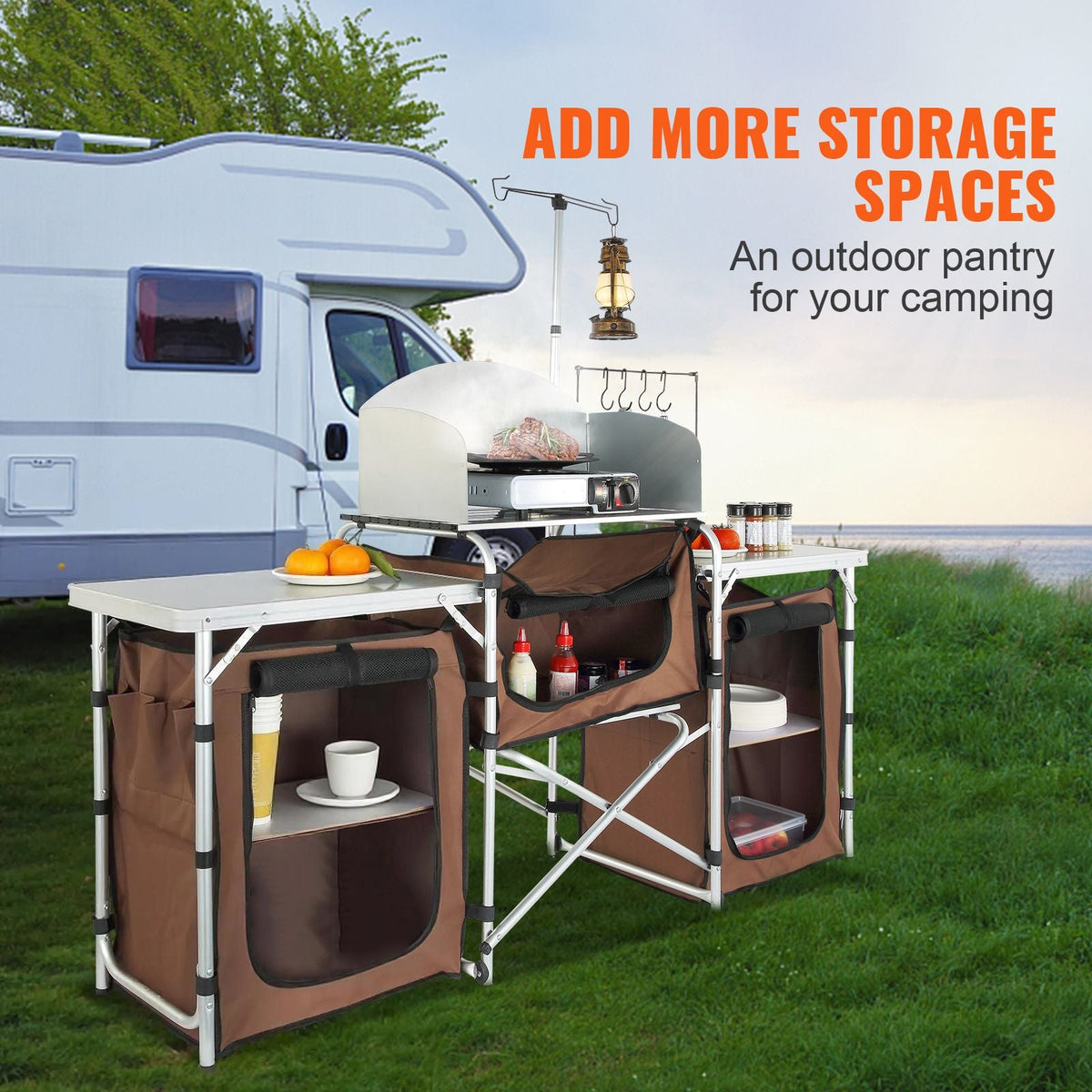 Camping Kitchen Table, Folding Outdoor Cooking Table with Storage Carrying Bag, Aluminum Cook Station 3 Cupboard & Detachable Windscreen, Quick Set-up for Picnics, BBQ, RV Traveling, Brown