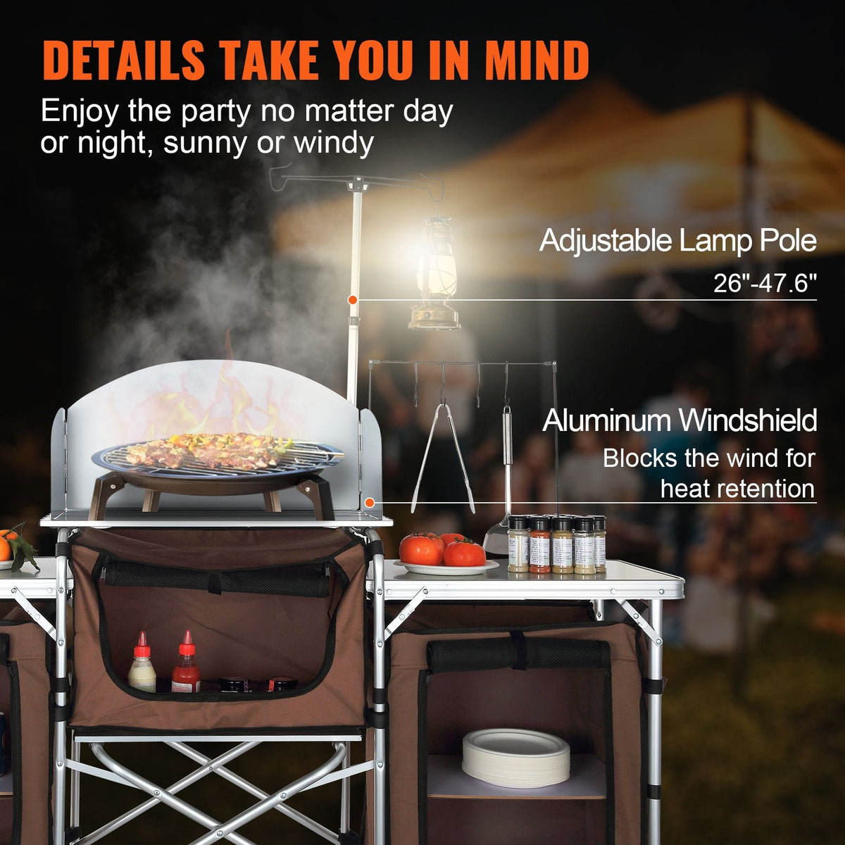 Camping Kitchen Table, Folding Outdoor Cooking Table with Storage Carrying Bag, Aluminum Cook Station 3 Cupboard & Detachable Windscreen, Quick Set-up for Picnics, BBQ, RV Traveling, Brown