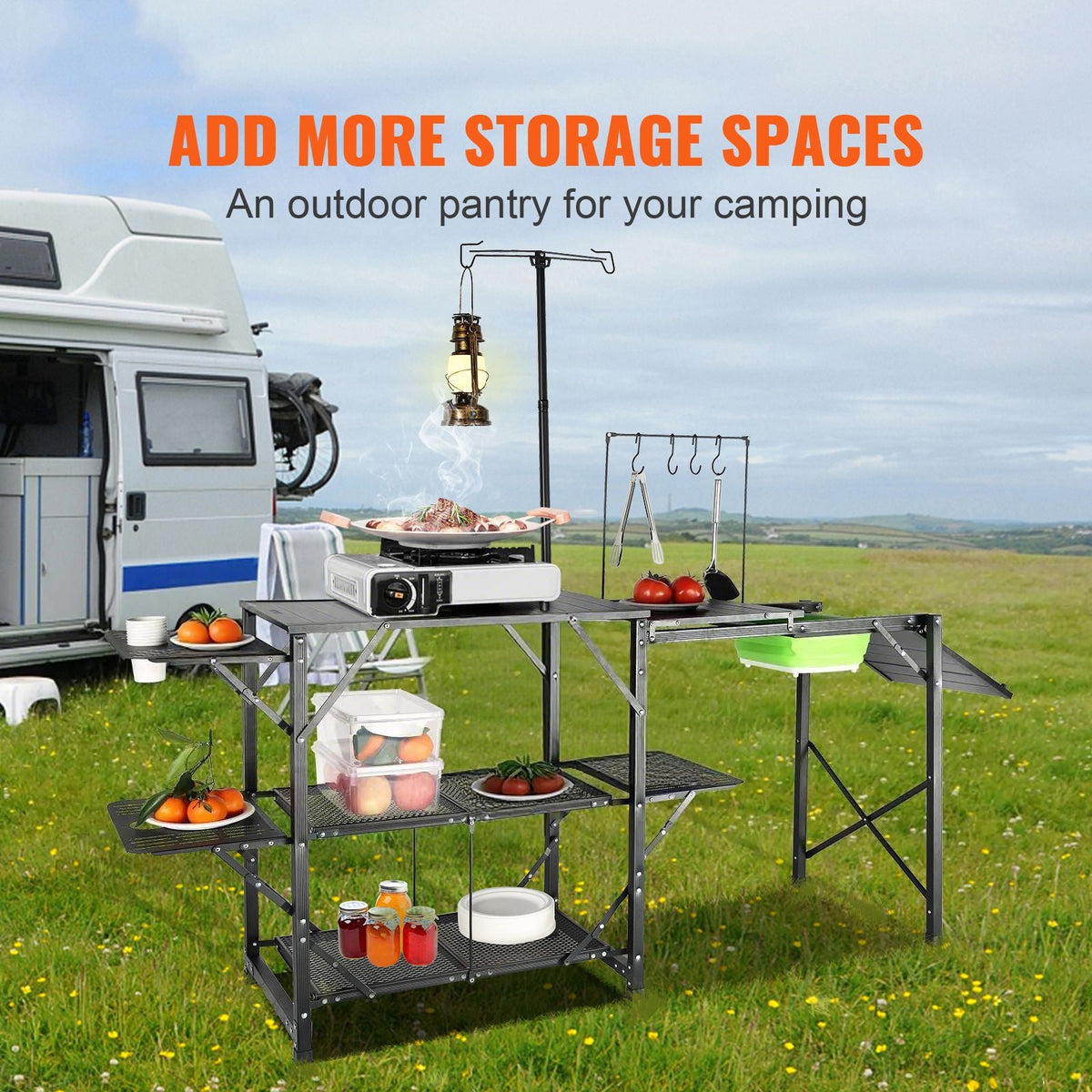 Camping Kitchen Table, One-piece Folding Portable Cook Station with A Carrying Bag, Long Aluminum Camping Table 3 Side Tables, 2 Shelves & A Detachable Sink for Outdoor Picnics, BBQs, Camping