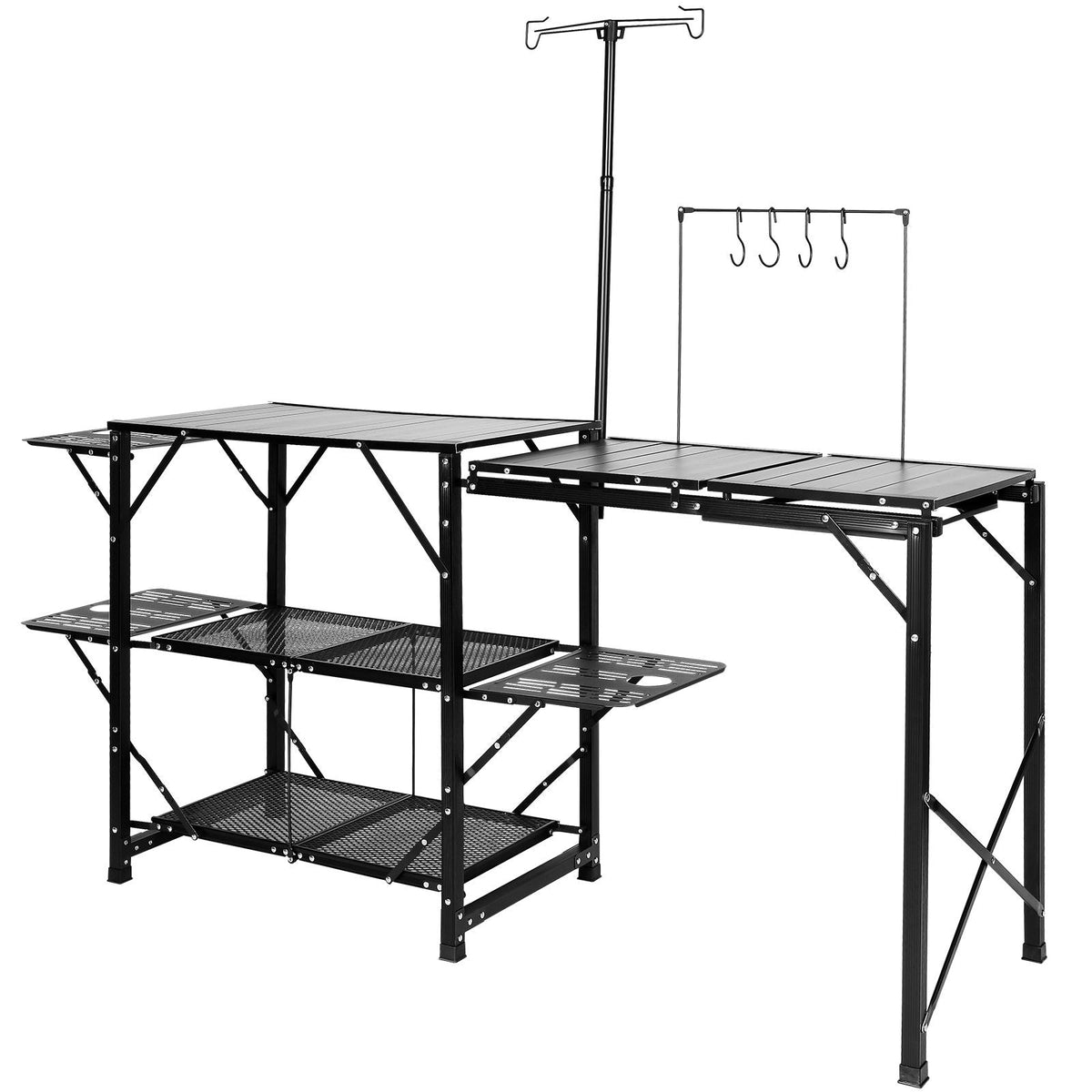 Camping Kitchen Table, One-piece Folding Portable Cook Station with A Carrying Bag, Long Aluminum Camping Table 3 Side Tables, 2 Shelves & A Detachable Sink for Outdoor Picnics, BBQs, Camping