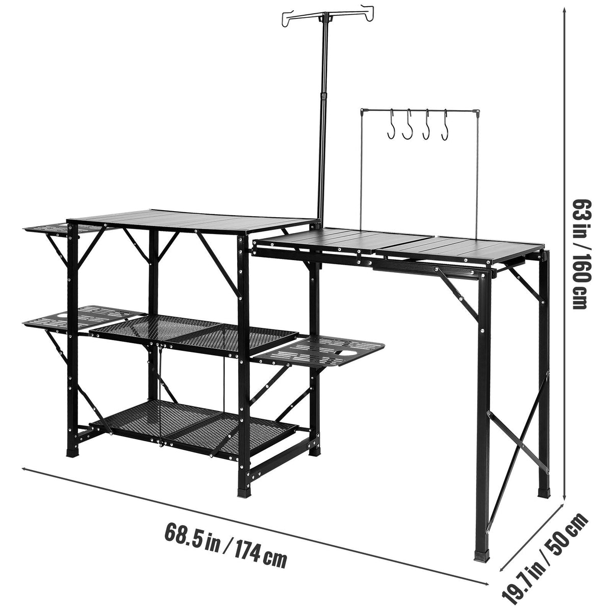 Camping Kitchen Table, One-piece Folding Portable Cook Station with A Carrying Bag, Long Aluminum Camping Table 3 Side Tables, 2 Shelves & A Detachable Sink for Outdoor Picnics, BBQs, Camping
