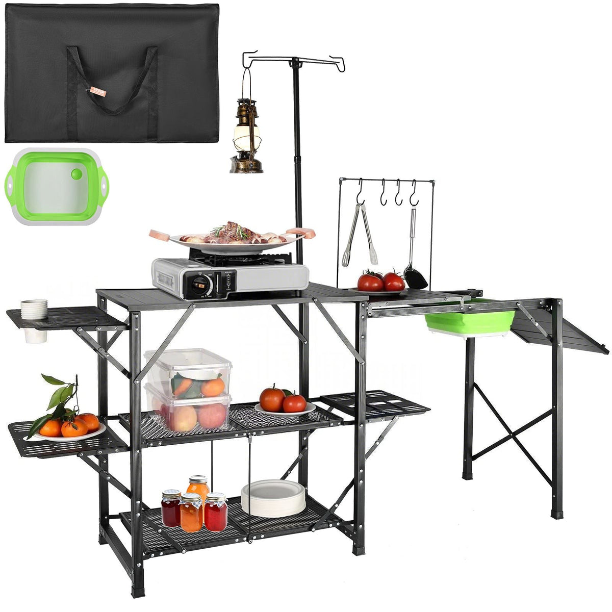 Camping Kitchen Table, One-piece Folding Portable Cook Station with A Carrying Bag, Long Aluminum Camping Table 3 Side Tables, 2 Shelves & A Detachable Sink for Outdoor Picnics, BBQs, Camping