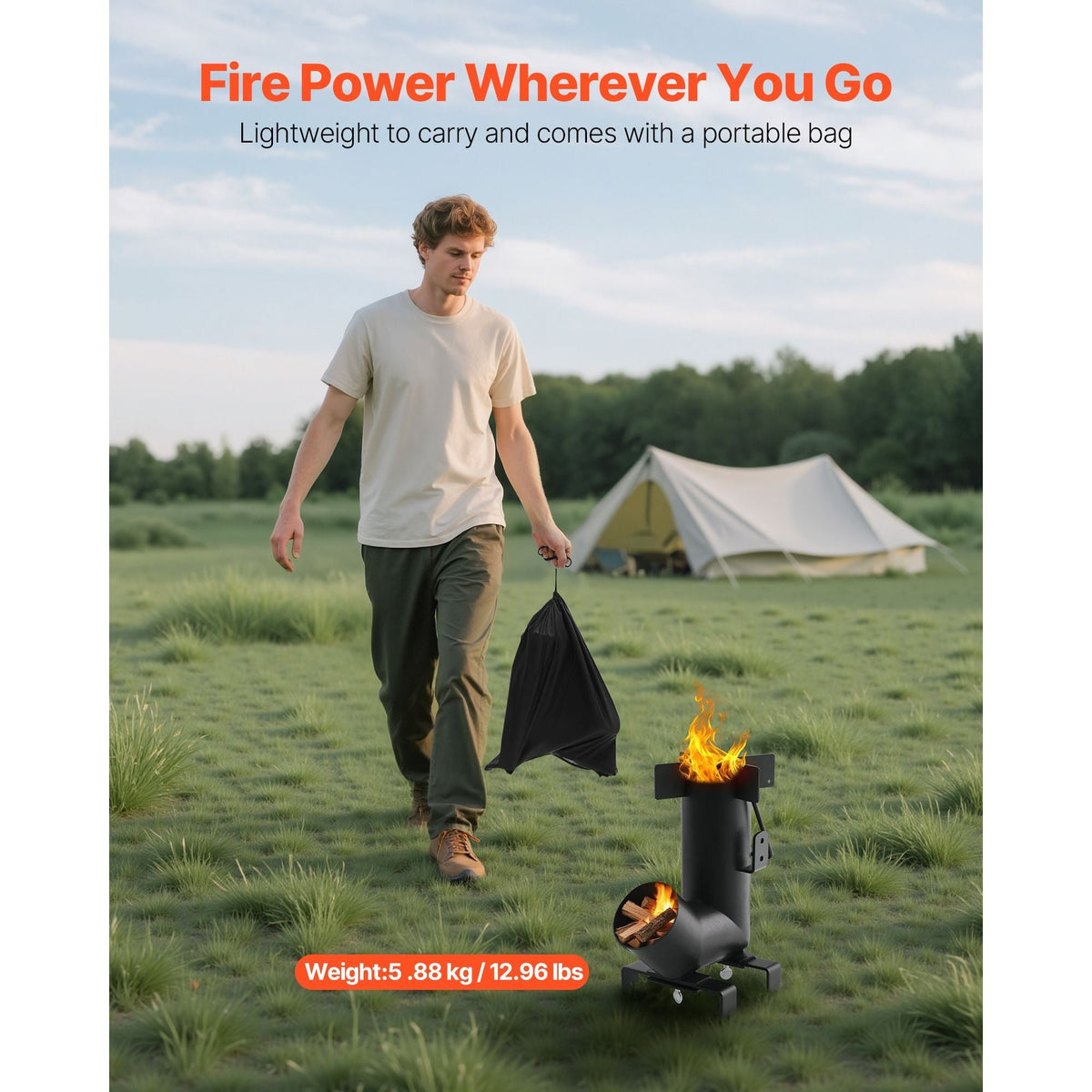 Camping Rocket Stove, Wood Burning Portable Rocket Stove with Carrying Bag for Backpacking, Carbon Steel, Burn Wood, Twigs or Sticks for Outdoor Cooking, Backyard, Camp Cooking, Heating, Black