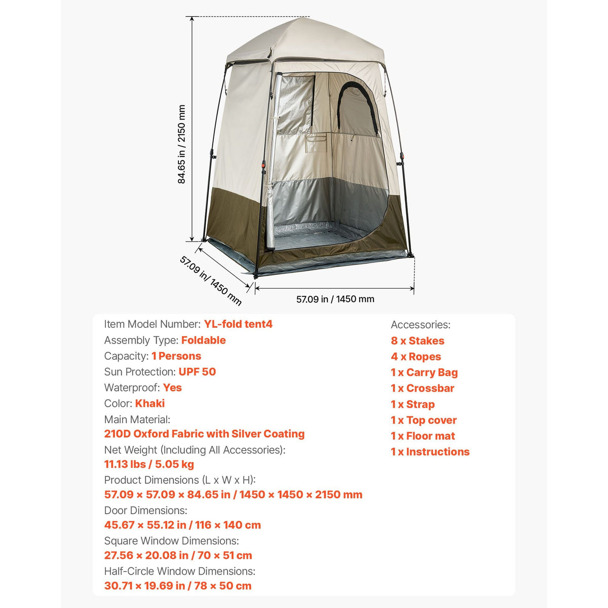 Camping Shower Tent, 1 Room, Foldable Privacy Tent Changing Room with Ground Stakes, Ropes, Carry Bag, and Crossbar, 210D Oxford Fabric with Silver Coating, for Camping, Beach, and Fishing