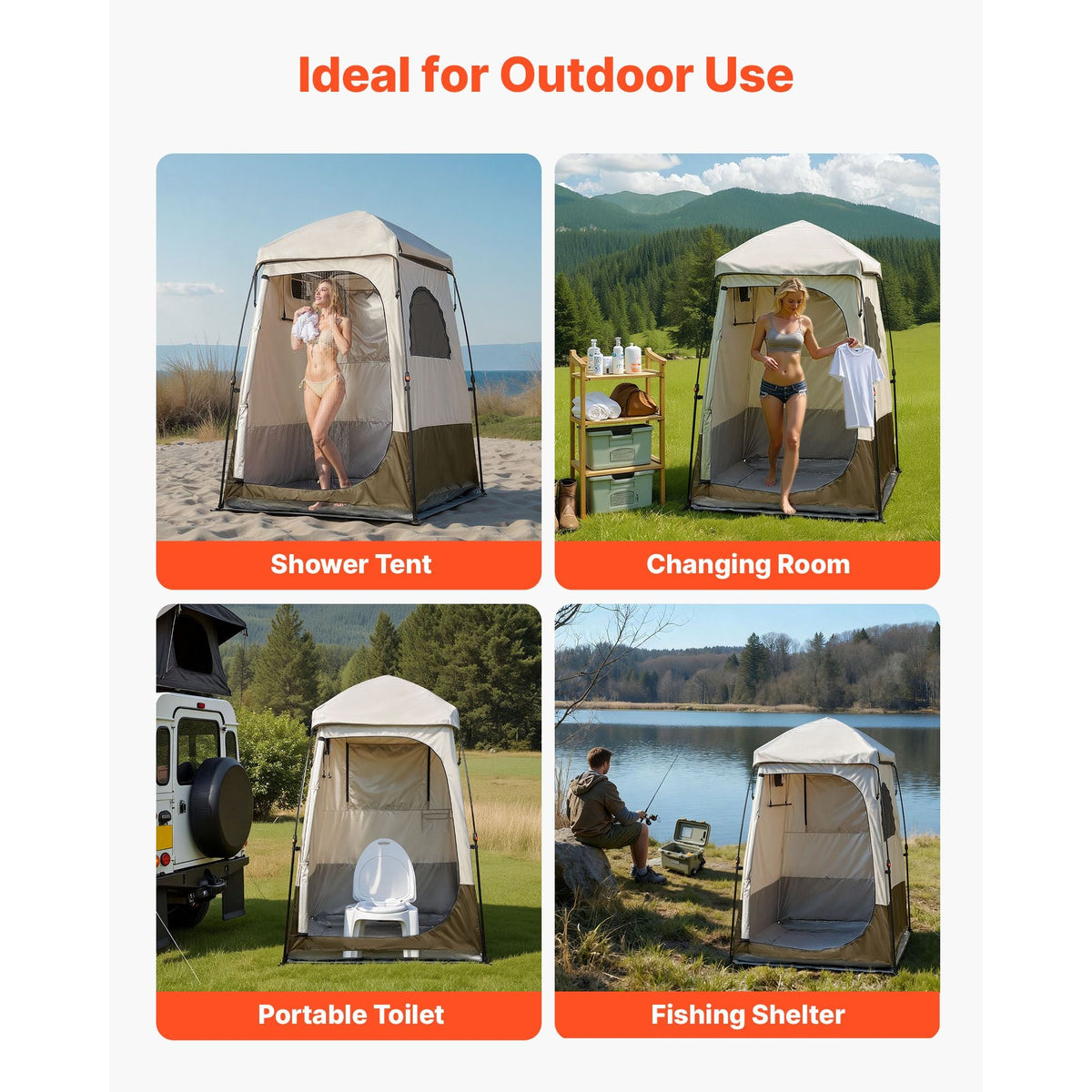 Camping Shower Tent, 1 Room, Foldable Privacy Tent Changing Room with Ground Stakes, Ropes, Carry Bag, and Crossbar, 210D Oxford Fabric with Silver Coating, for Camping, Beach, and Fishing