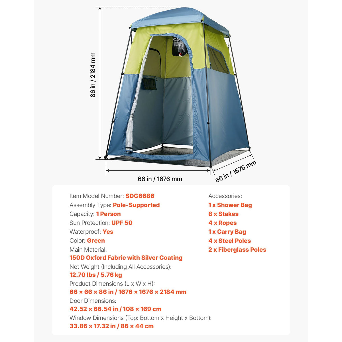 Camping Shower Tent, 1 Room, Portable Privacy Tent Changing Room with Shower Bag, Ground Stakes, Ropes, Carry Bag, and Support Poles, 150D Oxford Fabric with Silver Coating, for Camping, Fishing